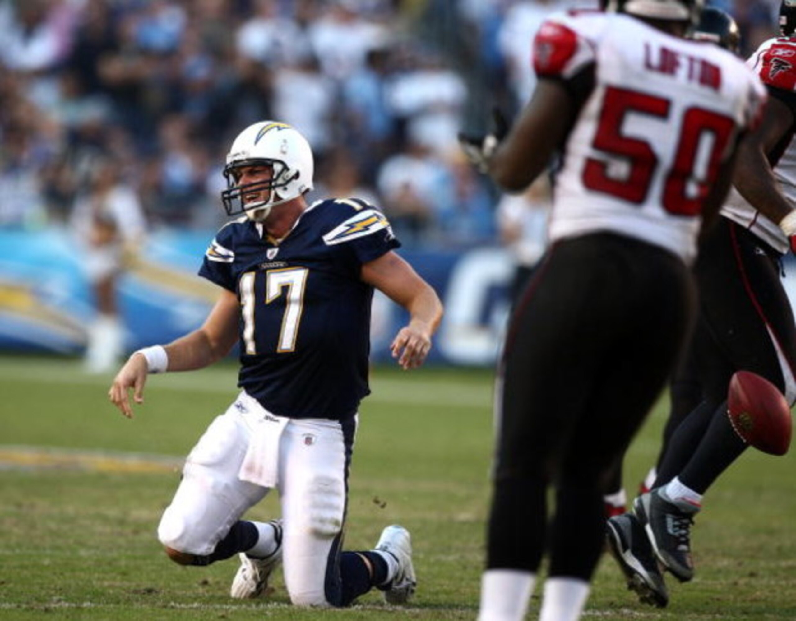 SAN DIEGO, CA - NOVEMBER 30:   Quarterback Philip Rivers #17 of the San Diego Chargers is sacked by the Atlanta Falcons during their NFL Game on November 30, 2008 at Qualcomm Stadium in San Diego, California.  (Photo by Donald Miralle/Getty Images)