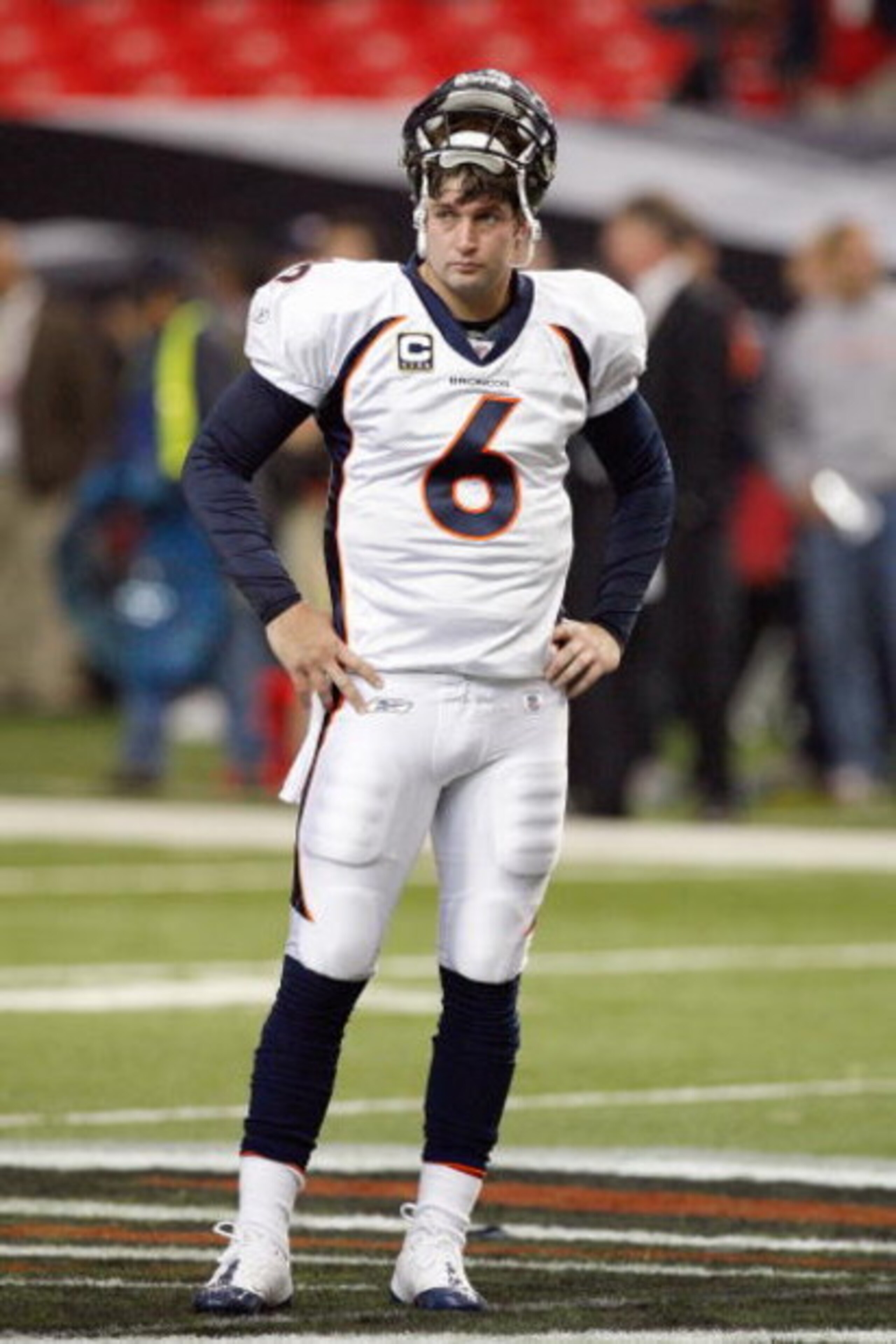 ATLANTA - NOVEMBER 16:  Quarterback Jay Cutler #6 of the Denver Broncos stands on the field during the game against the Atlanta Falcons at the Georgia Dome on November 16, 2008 in Atlanta, Georgia. The Broncos defeated the Falcons 24-20.  (Photo by Kevin 