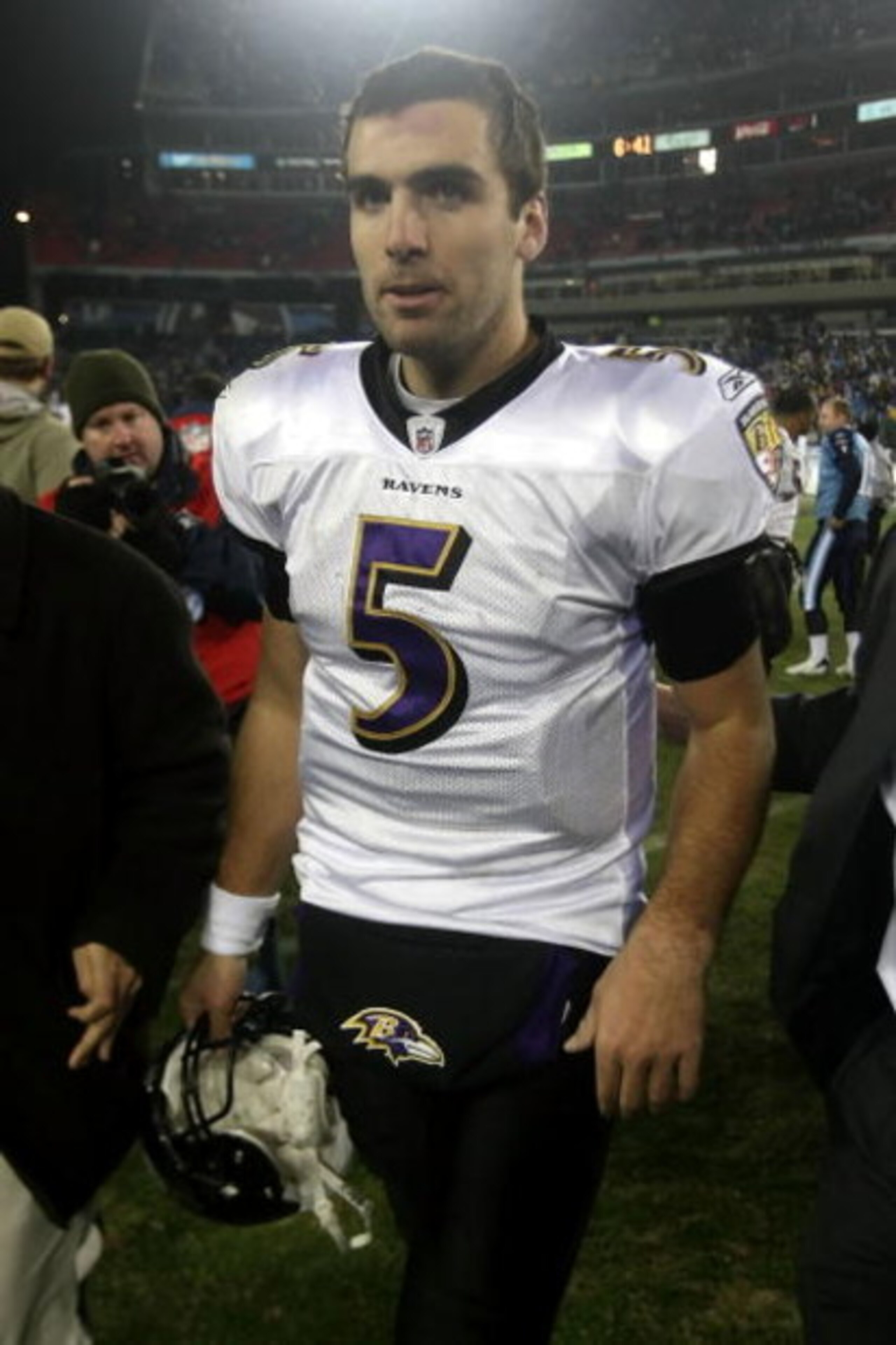 NASHVILLE, TN - JANUARY 10:  Quarterback Joe Flacco #5 of the Baltimore Ravens walks off the field after defeating the Tennessee Titans 10-7 during the AFC Divisional Playoff Game on January 10, 2009 at LP Field in Nashville, Tennessee.  (Photo by Jonatha