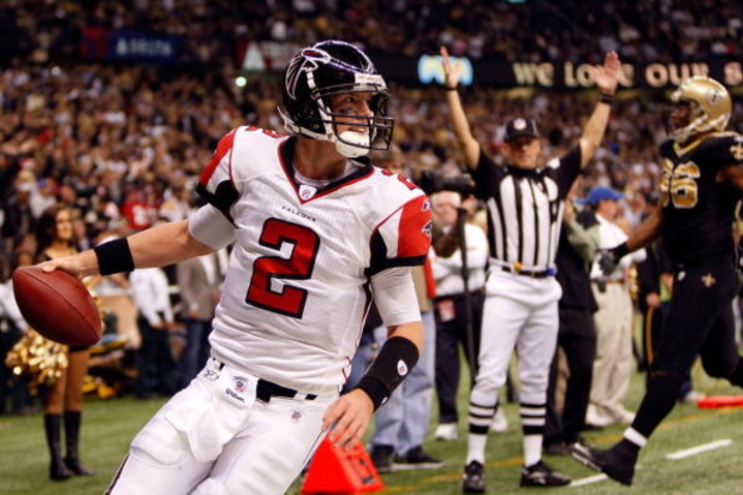 NEW ORLEANS - DECEMBER 07: Quarterback Matt Ryan #2 of the Atlanta Falcons scores a touchdown against the New Orleans Saints on December 7, 2008 at the Superdome in New Orleans, Louisiana. The Saints defeated the Falcons 29-25. (Photo by Chris Graythe NEW ORLEANS - DECEMBER 07: Quarterback Matt Ryan #2 of the Atlanta Falcons scores a touchdown against the New Orleans Saints on December 7, 2008 at the Superdome in New Orleans, Louisiana. The Saints defeated the Falcons 29-25. (Photo by Chris Graythe