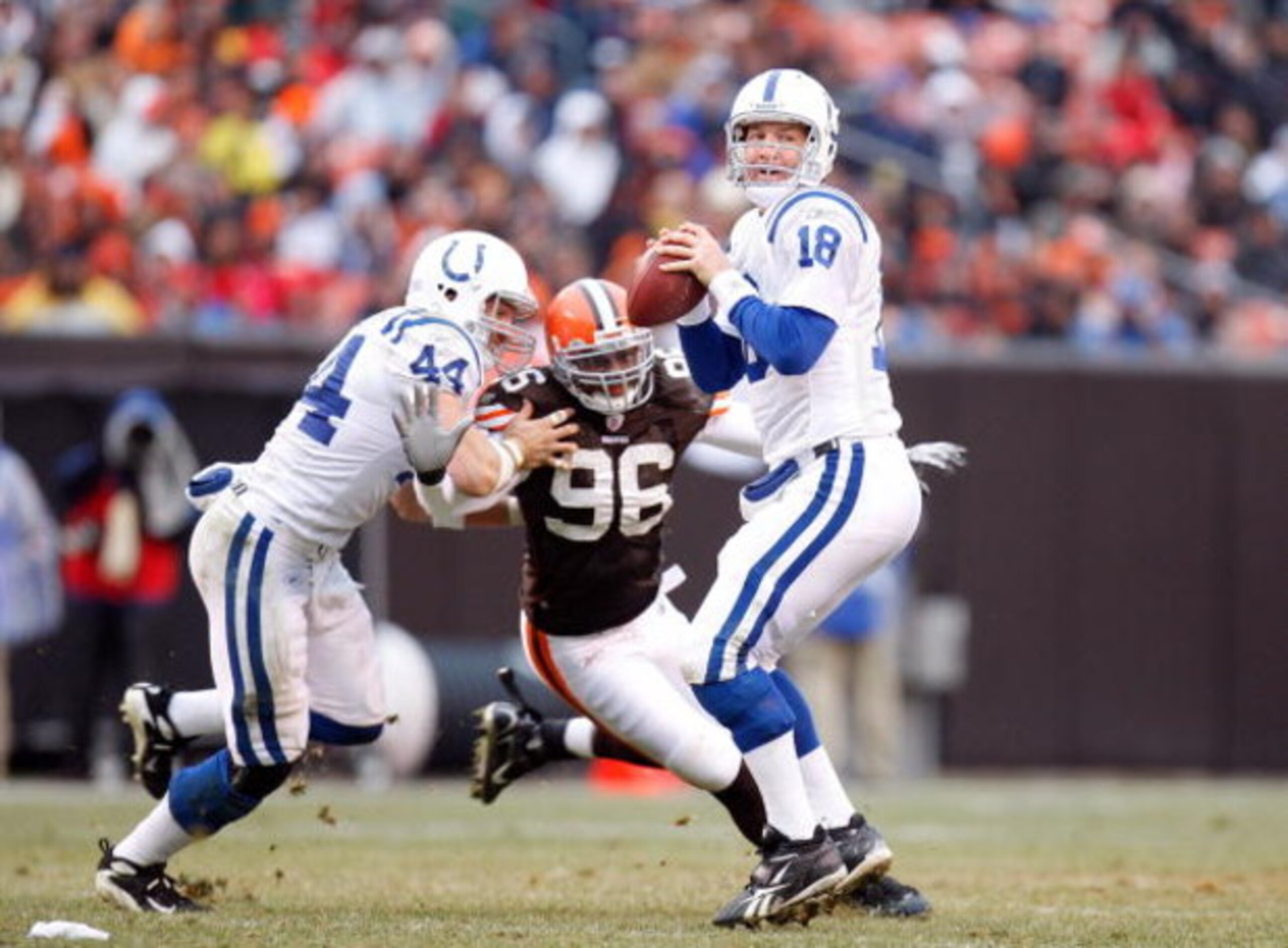 CLEVELAND - NOVEMBER 30: Quarterback Peyton Manning #18 of the Indianapolis Colts looks to make a pass play during their NFL game against the Cleveland Browns on November 30, 2008 at Cleveland Browns Stadium in Cleveland, Ohio. The Colts defeated the Bro CLEVELAND - NOVEMBER 30: Quarterback Peyton Manning #18 of the Indianapolis Colts looks to make a pass play during their NFL game against the Cleveland Browns on November 30, 2008 at Cleveland Browns Stadium in Cleveland, Ohio. The Colts defeated the Bro