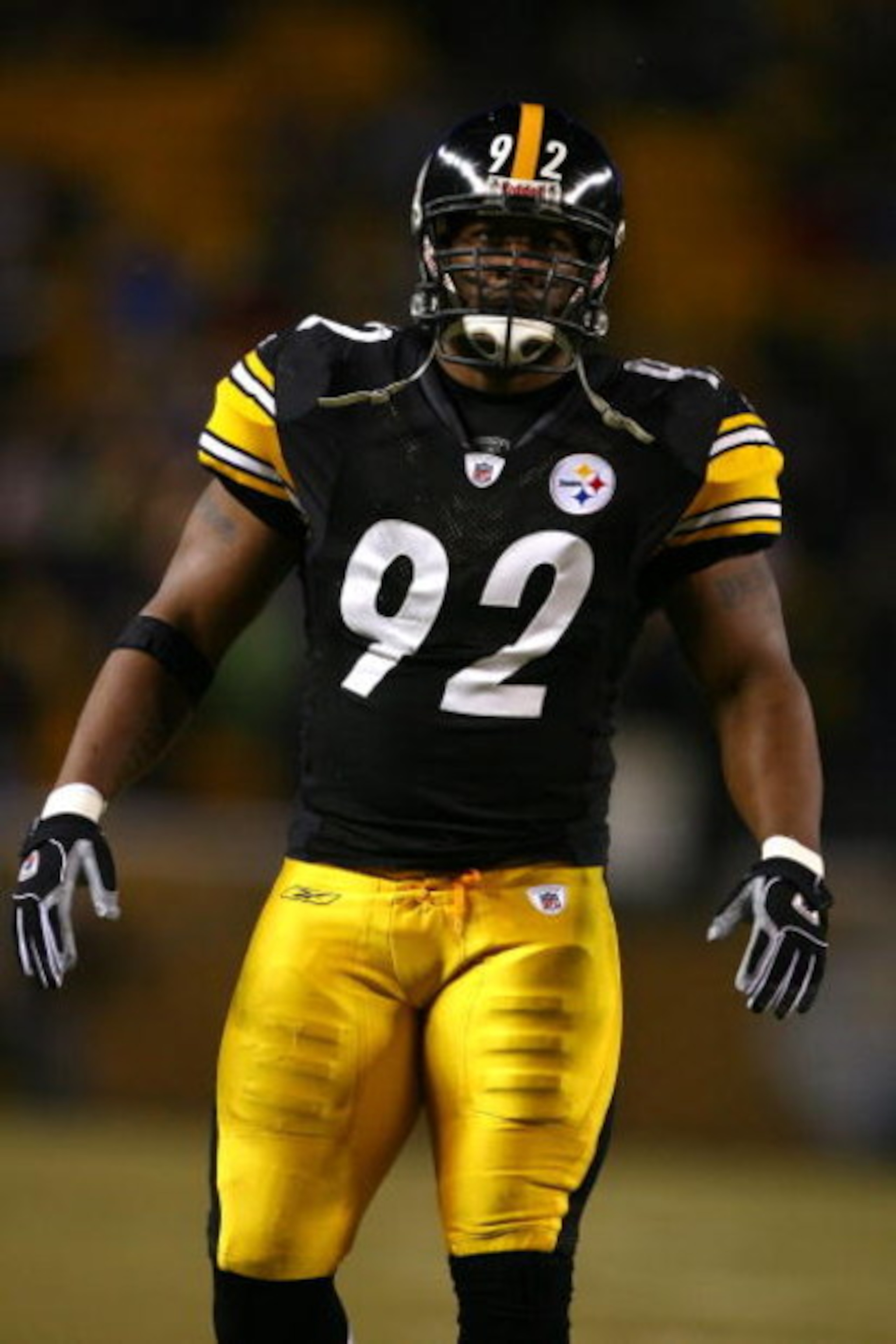 PITTSBURGH - JANUARY 18:  James Harrison #92 of the Pittsburgh Steelers stand on the field during warm ups against the Baltimore Ravens during the AFC Championship game on January 18, 2009 at Heinz Field in Pittsburgh, Pennsylvania.  (Photo by Al Bello/Ge
