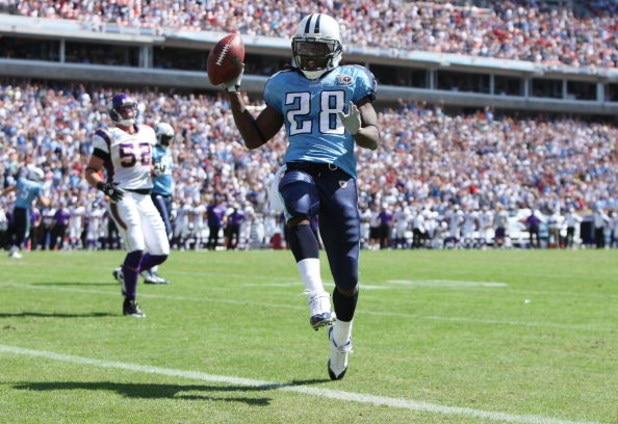 NASHVILLE, TN - SEPTEMBER 28:  Running back Chris Johnson #28 of the Tennessee Titans celebrates as he scores a touchdown against the Minnesota Vikings at LP Field on September 28, 2008 in Nashville, Tennessee.  (Photo by Doug Benc/Getty Images)