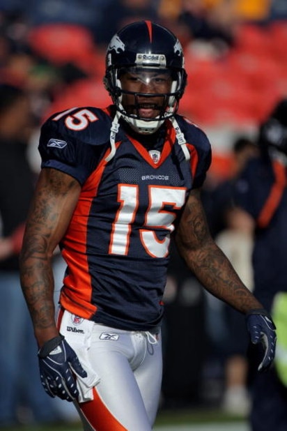 DENVER - NOVEMBER 23:  Wide receiver Brandon Marshall #15 of the Denver Broncos warms up prior to facing the Oakland Raiders during week 12 NFL action at Invesco Field at Mile High on November 23, 2008 in Denver, Colorado. The Raiders defeated the Broncos