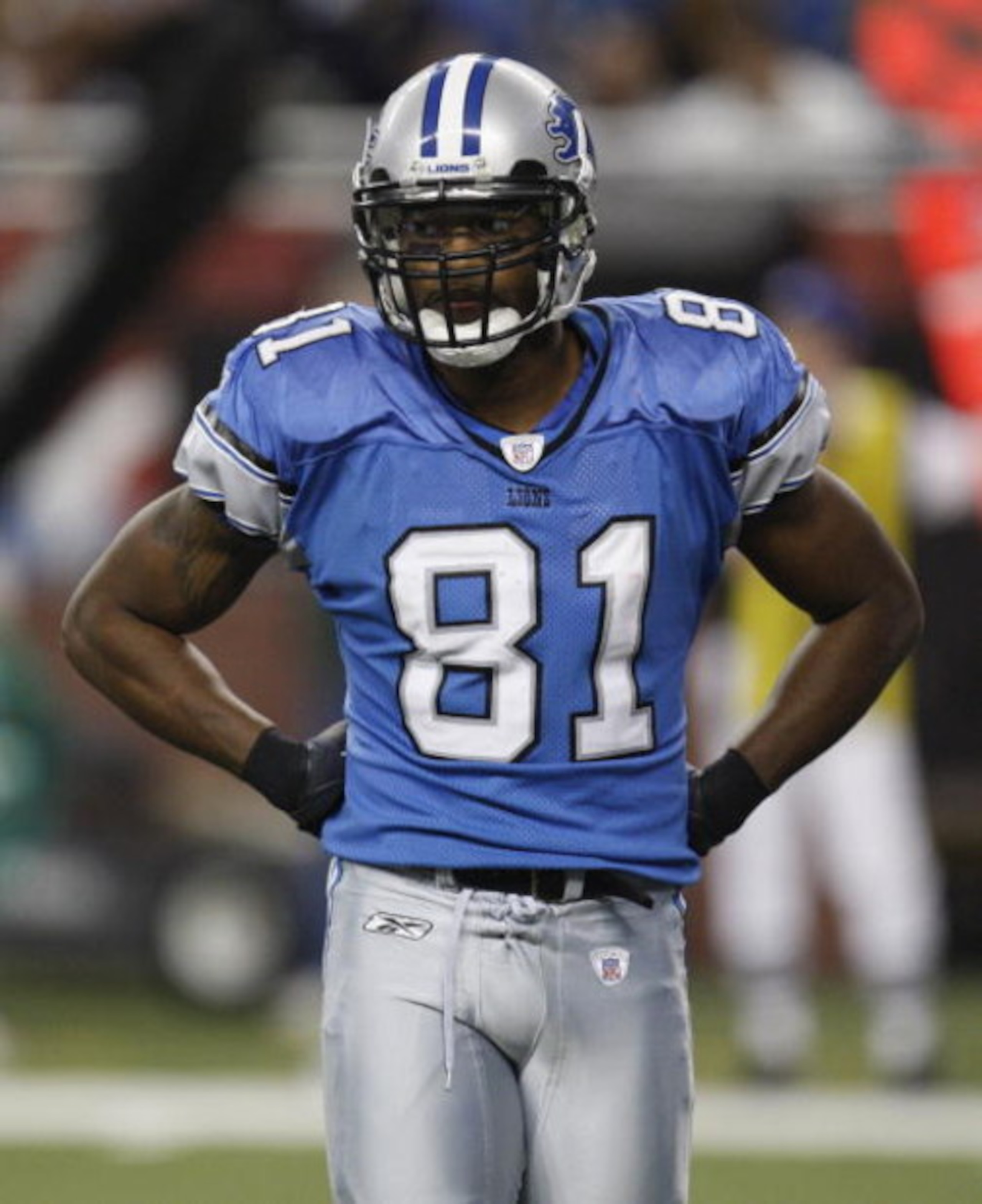 DETROIT - NOVEMBER 22:  Calvin Johnson #81 of the Detroit Lions looks on against the Green Bay Packers on November 22, 2007 at Ford Field in Detroit, Michigan. (Photo by Gregory Shamus/Getty Images)  