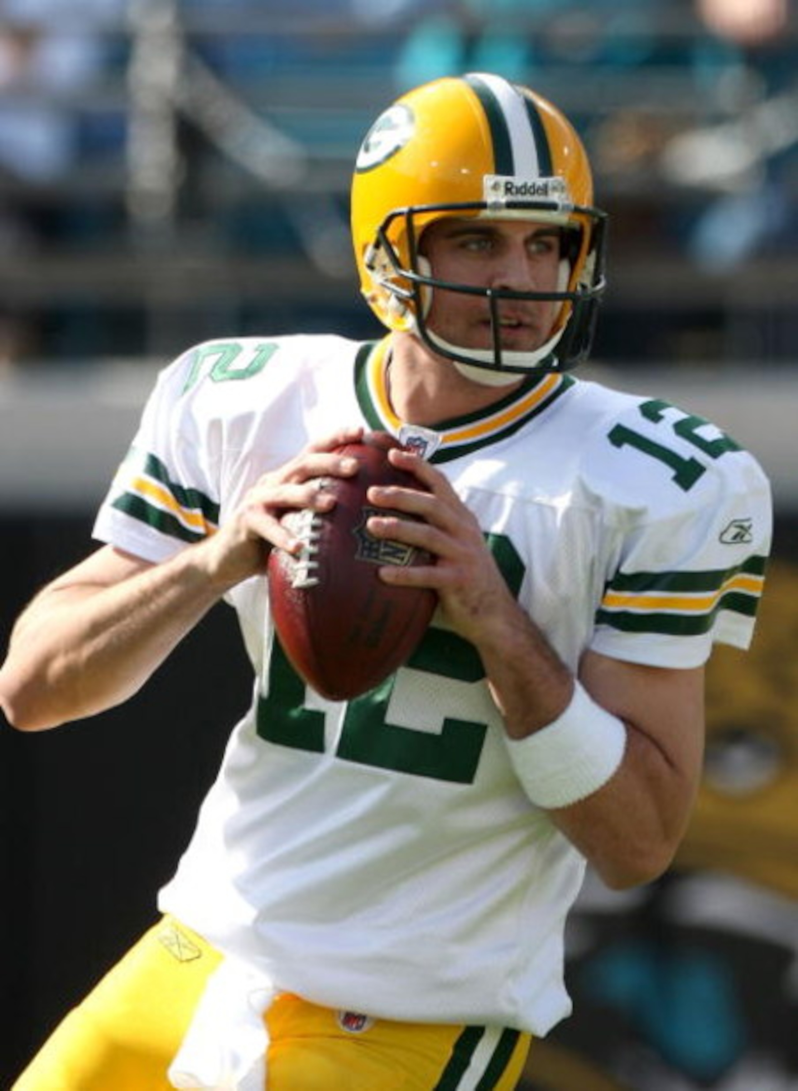 JACKSONVILLE, FL - DECEMBER 14:  Aaron Rodgers #12 of the Green Bay Packers attempts a pass during the game against the Jacksonville Jaguars at Jacksonville Municipal stadium on December 14, 2008 in Jacksonville, Florida.  (Photo by Sam Greenwood/Getty Im