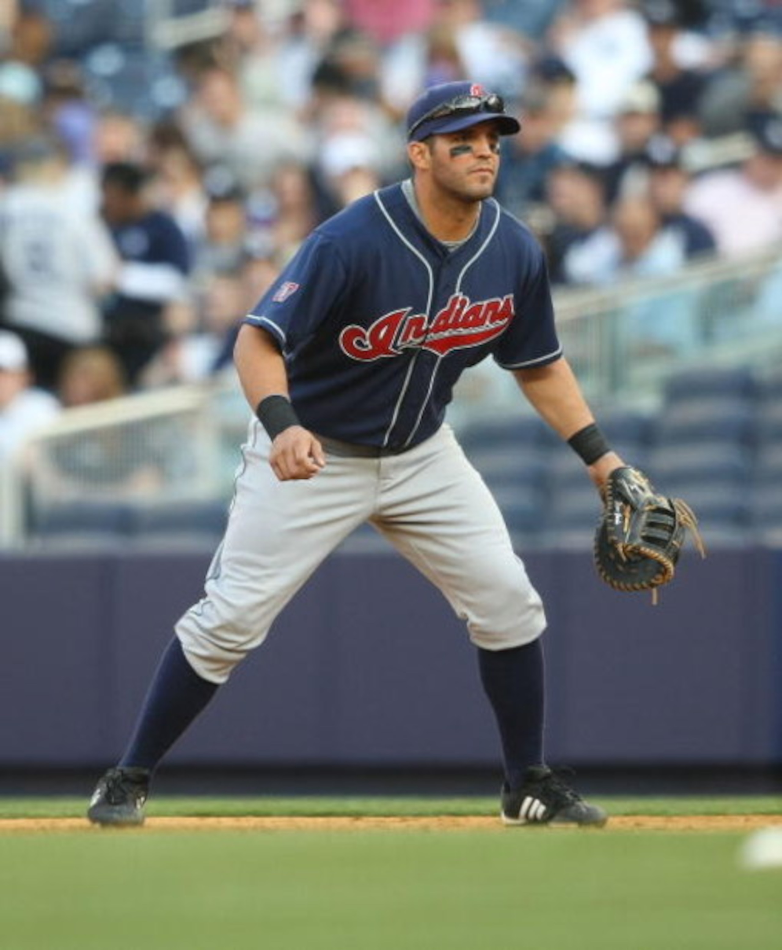 NEW YORK - APRIL 18:  Ryan Garko #25 of the Cleveland Indians in the field against the New York Yankees at Yankee Stadium on April 18, 2009 in the Bronx borough of New York City.  (Photo by Nick Laham/Getty Images)