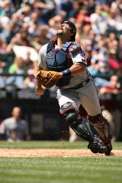 SEATTLE - JULY 19:  Sal Fasano #44 of the Cleveland Indians gets under a pop up against the Seattle Mariners on July 19, 2008 at Safeco Field in Seattle, Washington. (Photo by Otto Greule Jr/Getty Images)