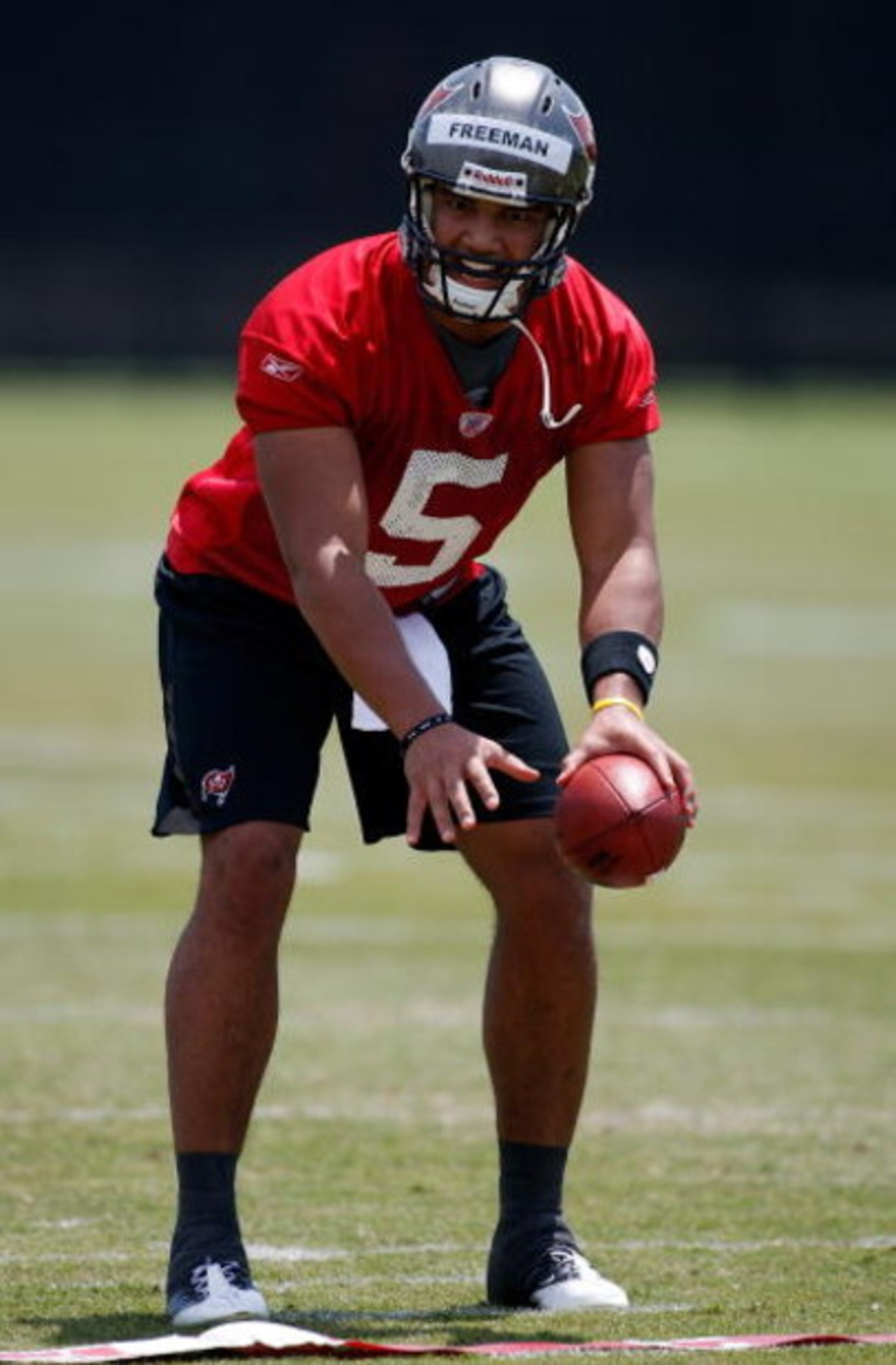 TAMPA, FL - MAY 01:  Quarterback Josh Freeman #5 of the Tampa Bay Buccaneers works out during the Buccaneers Rookie Minicamp at One Buccaneer Place on May 1, 2009 in Tampa, Florida.  (Photo by J. Meric/Getty Images)