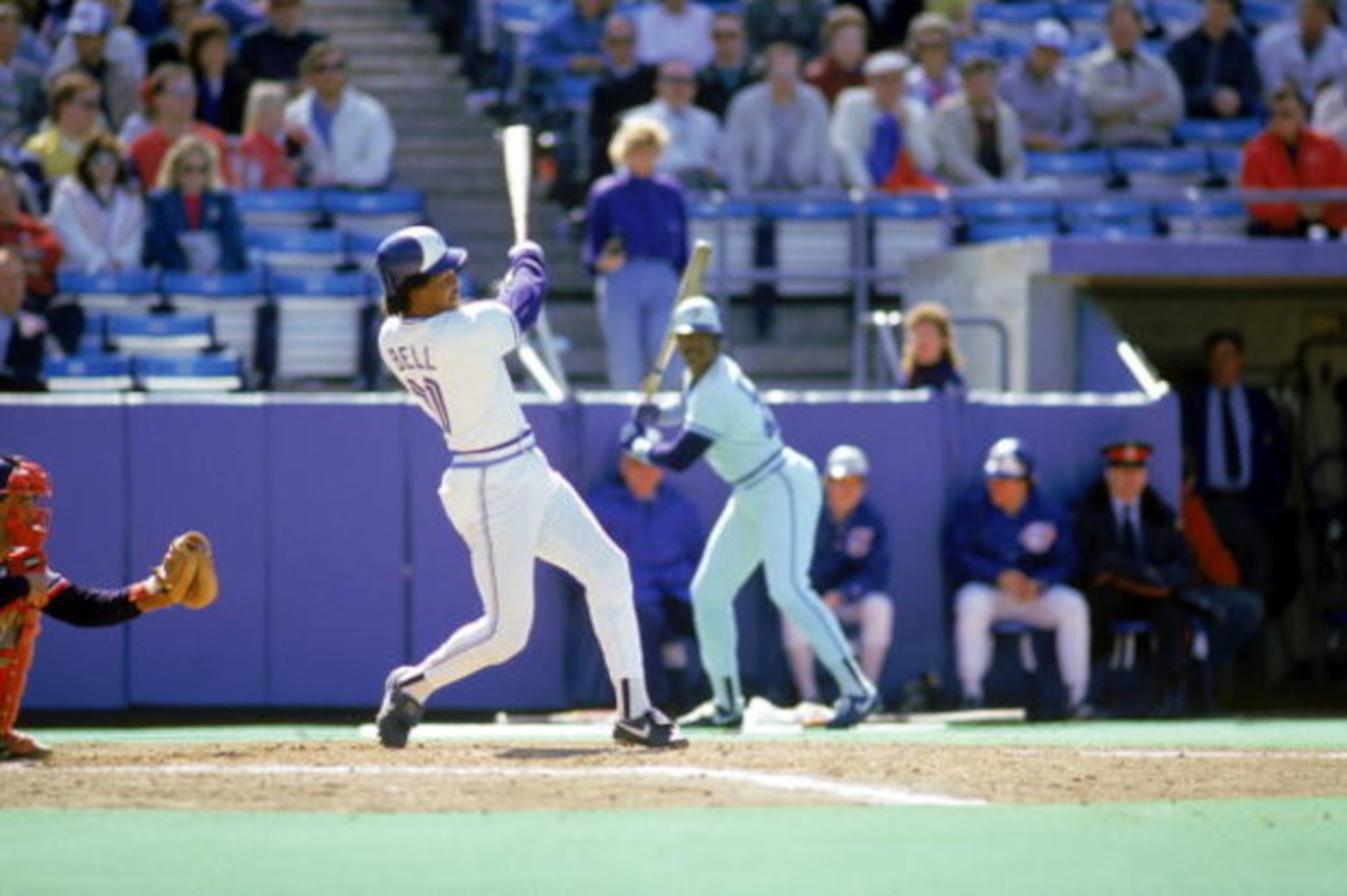 TORONTO - 1987:  George Bell #11 of the Toronto Blue Jays swings at a pitch during a 1987 game against the Cleveland Indians at Exposition Stadium in Toronto, Ontario, Canada.  (Photo by Gray Mortimore/Getty Images)