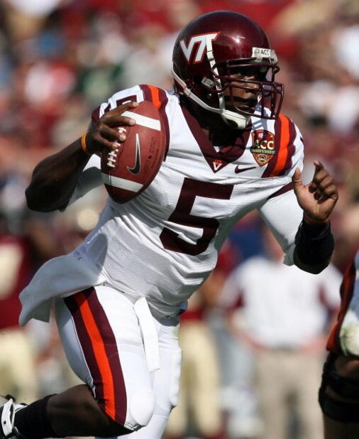 TAMPA, FL - DECEMBER 06:  Quarterback Tyrod Taylor #5 of the Virginia Tech Hokies runs for a touchdown in the first quarter against the Boston College Eagles in the 2008 ACC Football Championship game at the Raymond James Stadium on December 6, 2008 in Ta