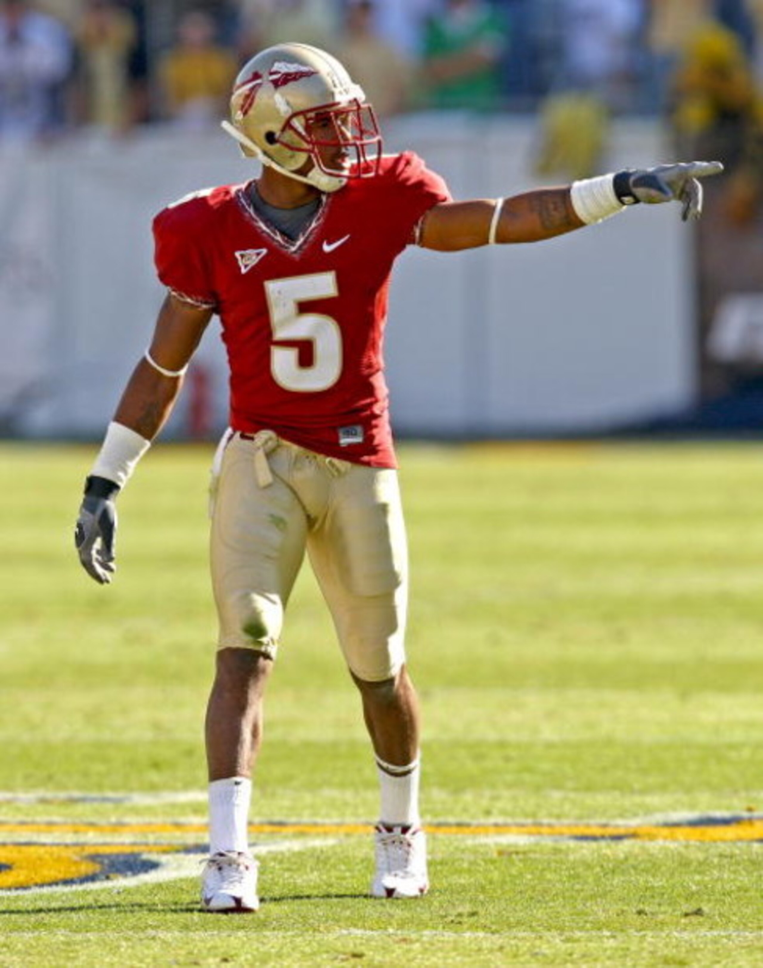 ATLANTA - NOVEMBER 1:  Wide receiver Preston Parker #5 of the Florida State Seminoles gets set at the line of scrimmage before a play during the game against the Georgia Tech Yellow Jackets at Bobby Dodd Stadium at Historic Grant Field on November 1, 2008