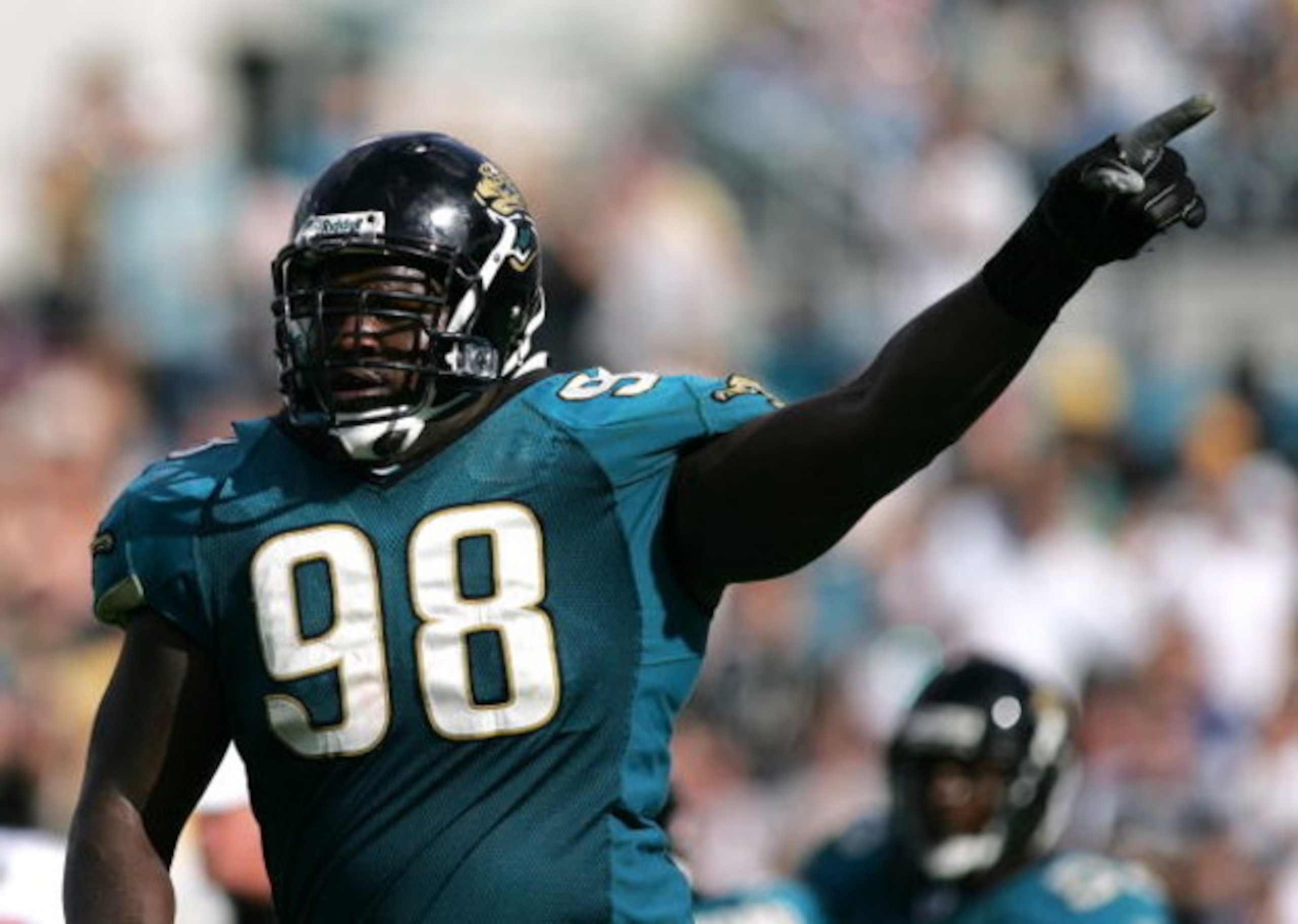 JACKSONVILLE, FL - NOVEMBER 06:  Defensive tackle John Henderson #98 of the Jacksonville Jaquars celebrates after his team recovered a fumble against the Houston Texans on November 6, 2005 at Alltel Stadium in Jacksonville, Florida. The Jaguars defeated t