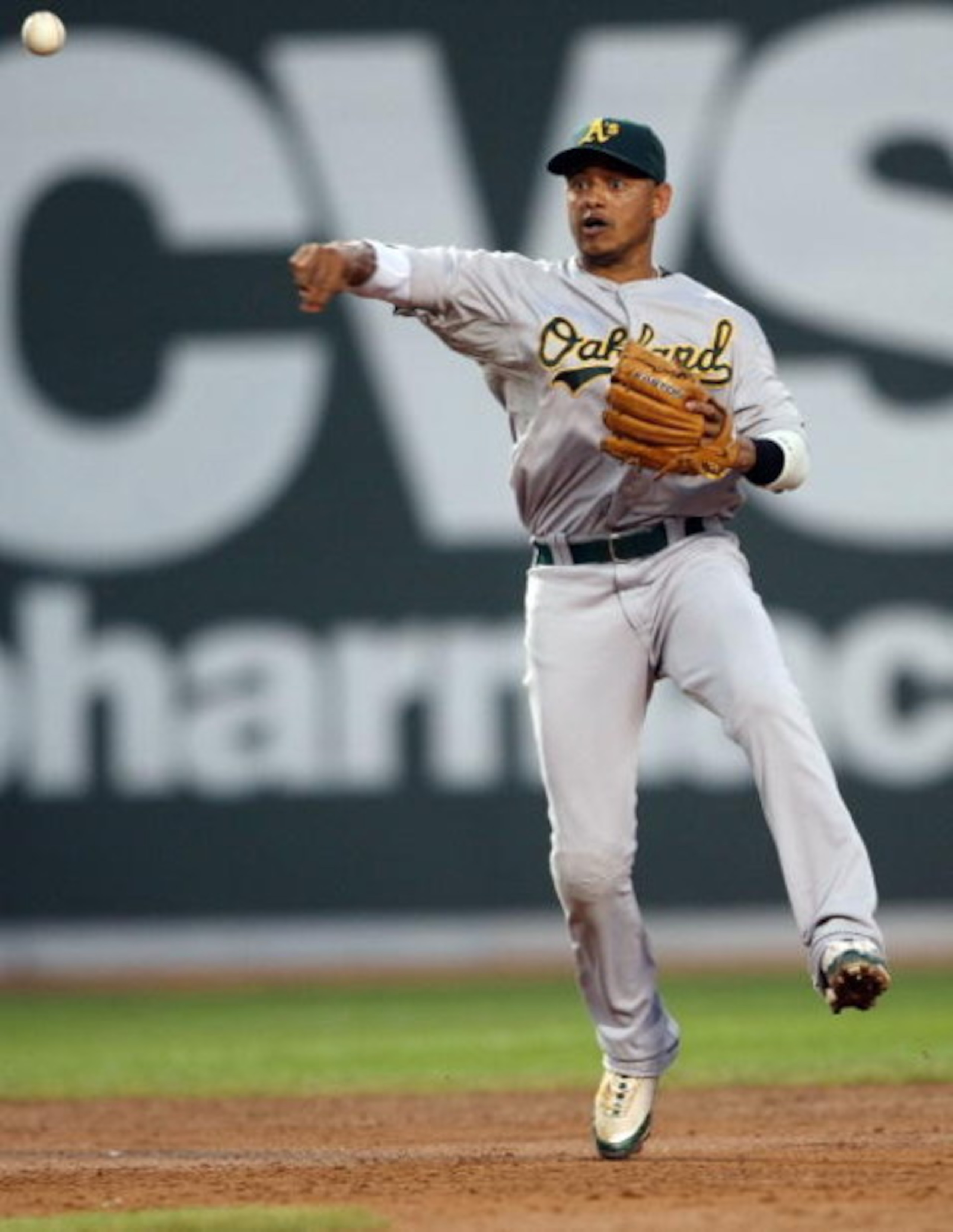 BOSTON - JULY 28:  Orlando Cabrera #18 of the Oakland Athletics sends the ball to first base for the out against the Boston Red Sox on July 28, 2009 at Fenway Park in Boston, Massachusetts.  (Photo by Elsa/Getty Images)