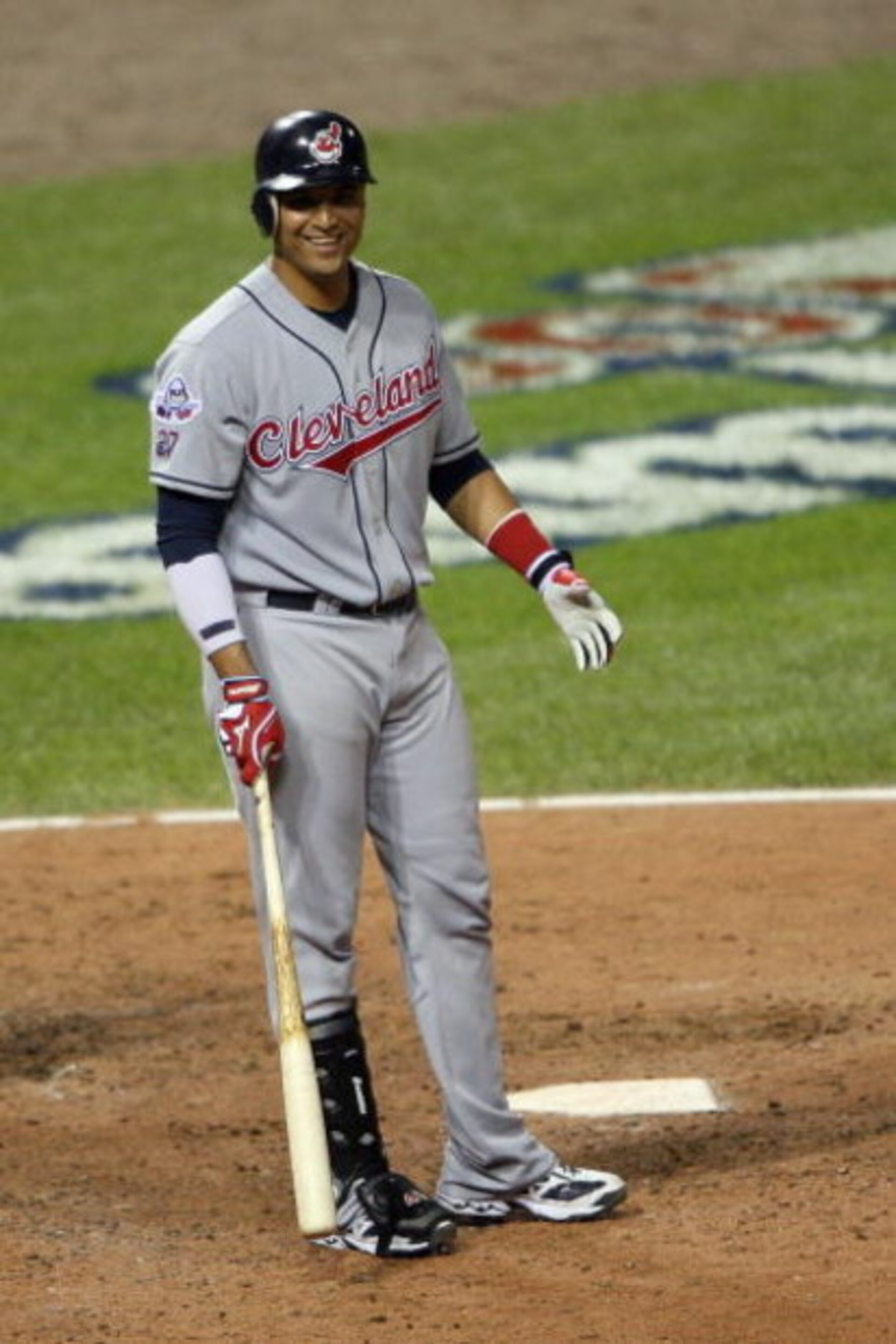 ST. LOUIS, MO - JULY 14:  American League All-Star Victor Martinez of the Cleveland Indians smiles while standing at the plate during the 2009 MLB All-Star Game at Busch Stadium on July 14, 2009 in St Louis, Missouri. (Photo by Dilip Vishwanat/Getty Image