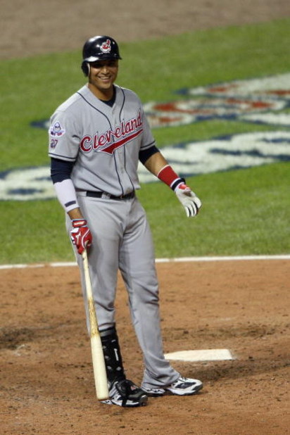 ST. LOUIS, MO - JULY 14:  American League All-Star Victor Martinez of the Cleveland Indians smiles while standing at the plate during the 2009 MLB All-Star Game at Busch Stadium on July 14, 2009 in St Louis, Missouri. (Photo by Dilip Vishwanat/Getty Image