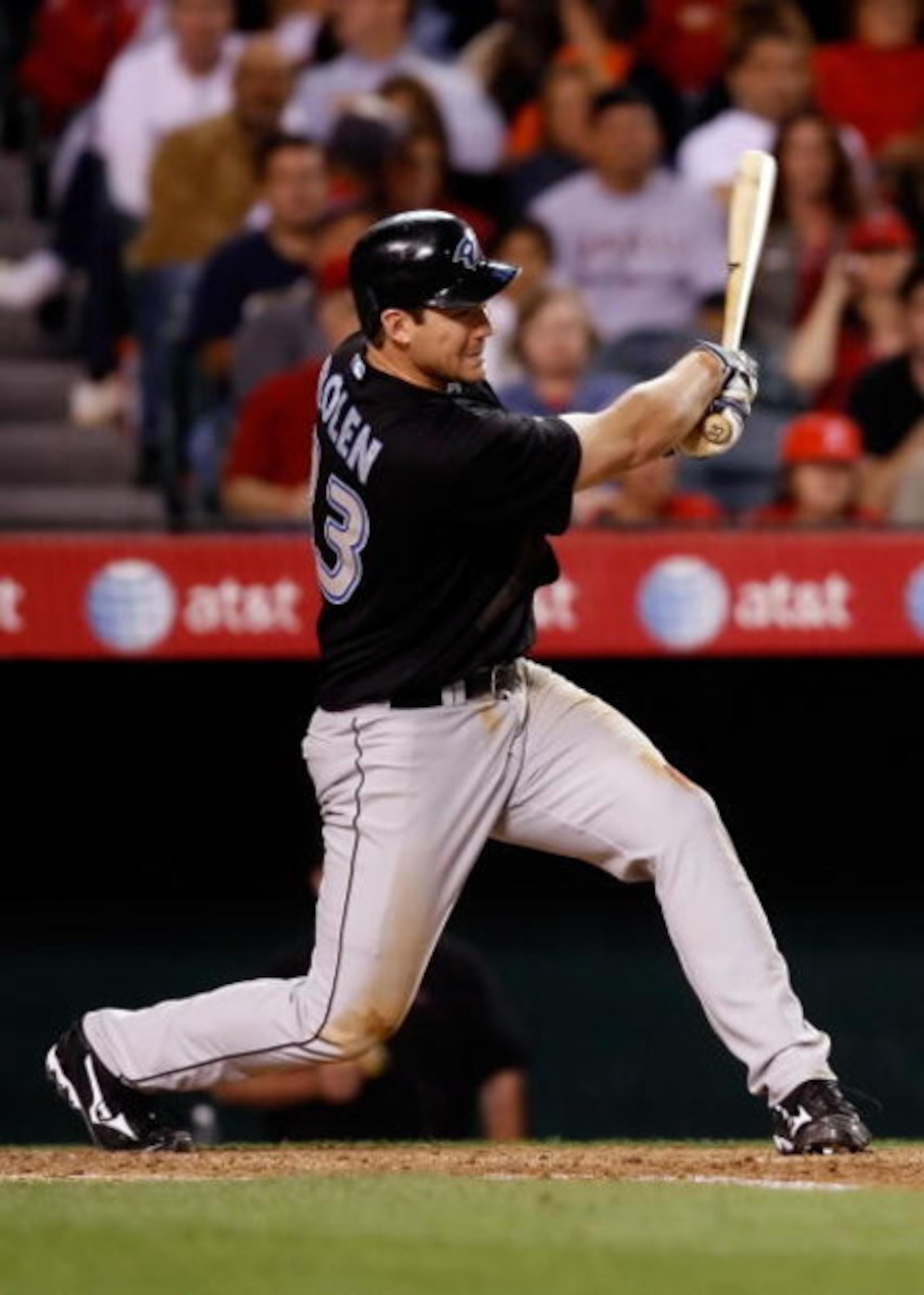 ANAHEIM, CA - MAY 30:  Scott Rolen #33 of the Toronto Blue Jays hits a single scoring Marco Scutero (not pictured) in the fifth inning against the Los Angeles Angels of Anaheim at Angel Stadium on May 30, 2008 in Anaheim, California.  (Photo by Jeff Gross