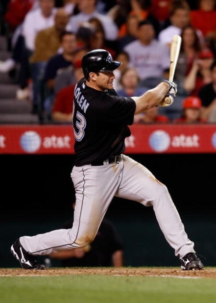 ANAHEIM, CA - MAY 30:  Scott Rolen #33 of the Toronto Blue Jays hits a single scoring Marco Scutero (not pictured) in the fifth inning against the Los Angeles Angels of Anaheim at Angel Stadium on May 30, 2008 in Anaheim, California.  (Photo by Jeff Gross