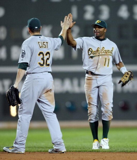 BOSTON - JULY 28:  Rajai Davis #11 of the Oakland Athletics celebrates the win with Jack Cust #32 after defeated the Boston Red Sox 9-8 in 11 innings at Fenway Park July 28, 2009 in Boston, Massachusetts. (Photo by Elsa/Getty Images)