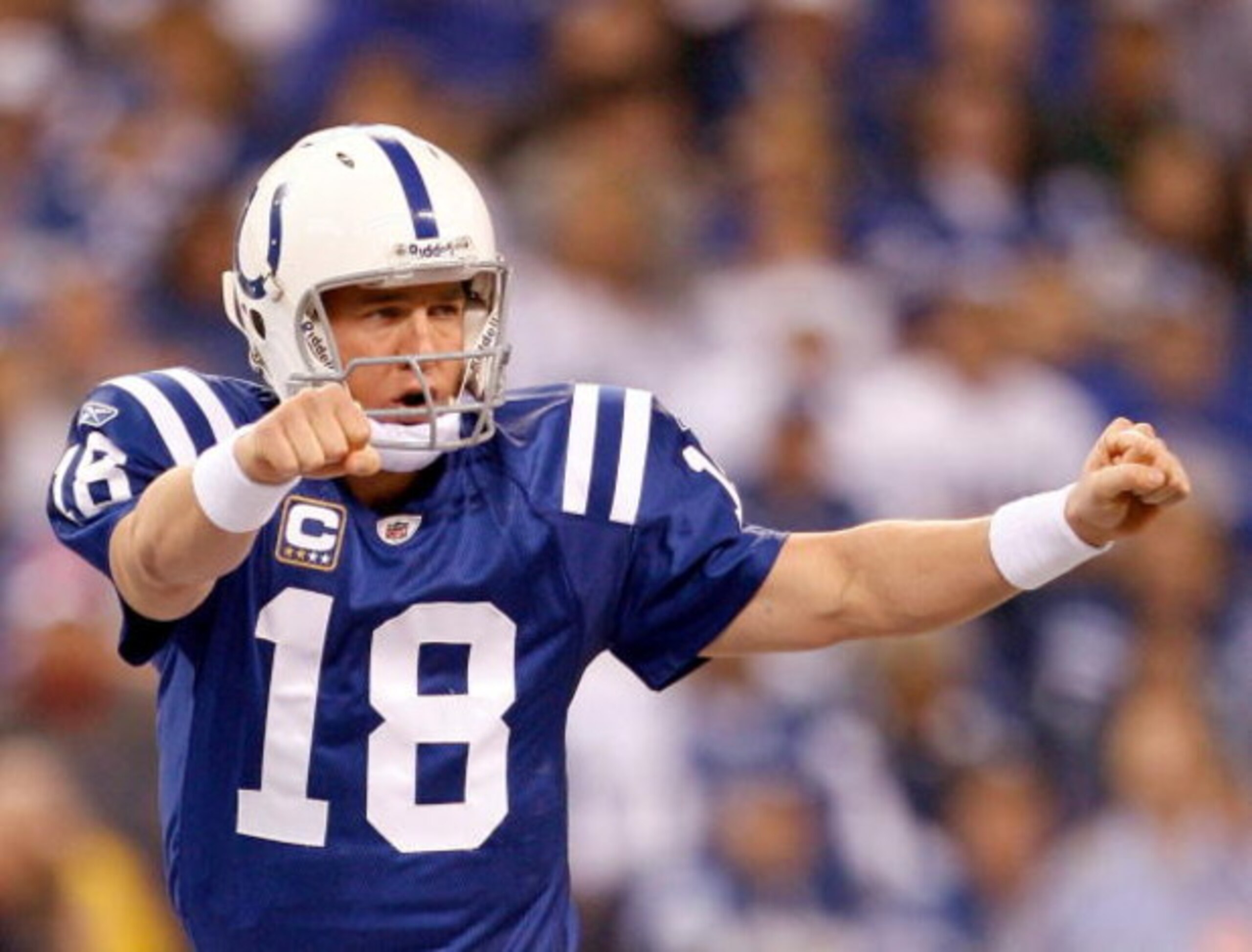 INDIANAPOLIS - NOVEMBER 16:  Payton Manning #18 of the Indianapolis Colts calls out a play during the first quarter against the Houston Texans at Lucas Oil Stadium on November 16, 2008 in Indianapolis, Indiana.  (Photo by Harry How/Getty Images)