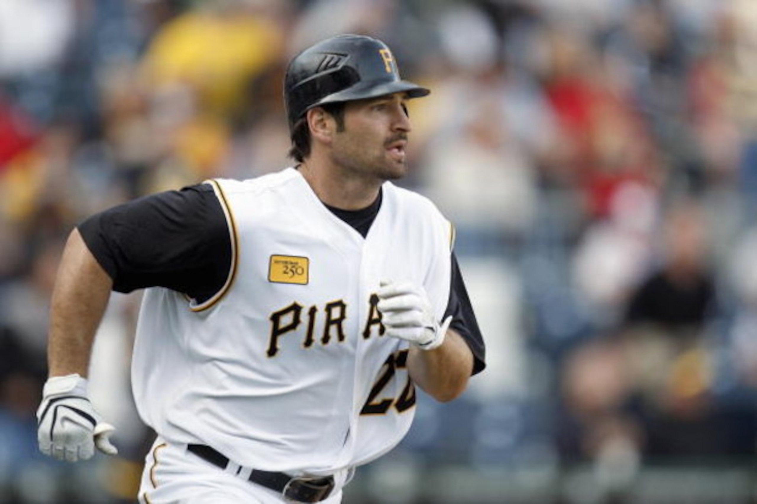 PITTSBURGH - APRIL 07: Xavier Nady #22 of the Pittsburgh Pirates runs to base against the Chicago Cubs during the Home Opener for the Pittsburgh Pirates on April 7, 2008 at PNC Park in Pittsburgh, Pennsylvania. Chicago won the game 10-8. (Photo by Gregory