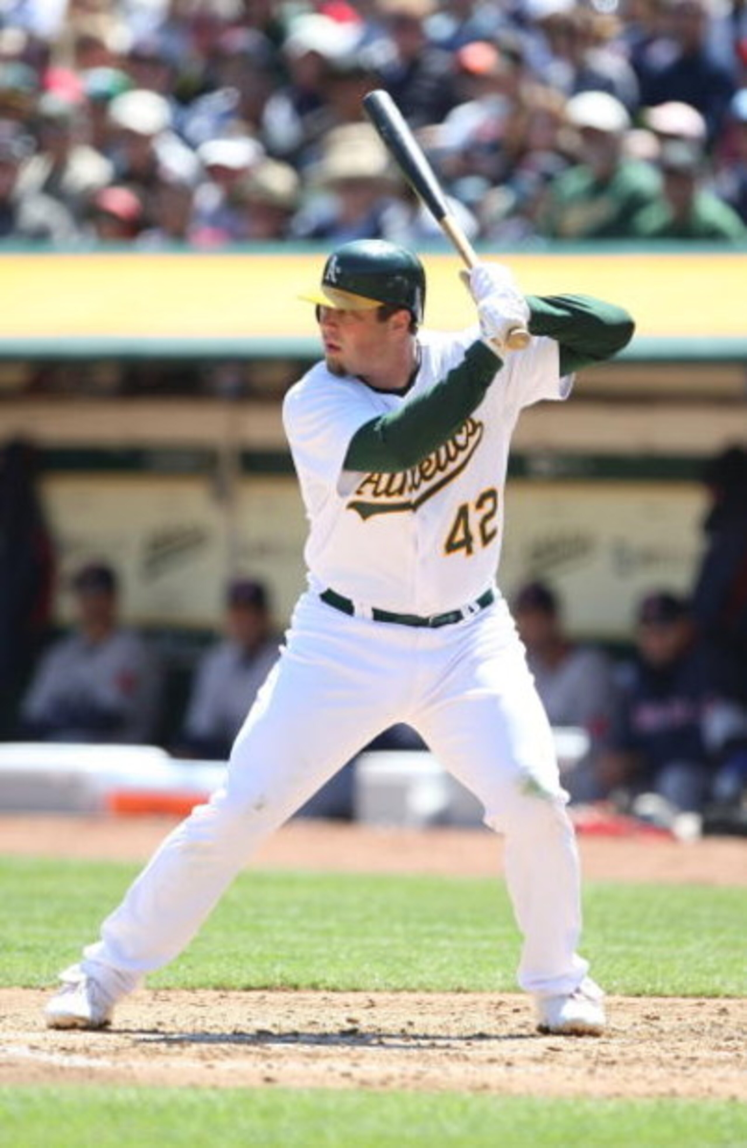 OAKLAND, CA - APRIL 15:  Landon Powell #35  of the Oakland Athletics bats against the Boston Red Sox during a Major League Baseball game on April 15, 2009 at the Oakland Coliseum in Oakland, California.  (Photo by Jed Jacobsohn/Getty Images)