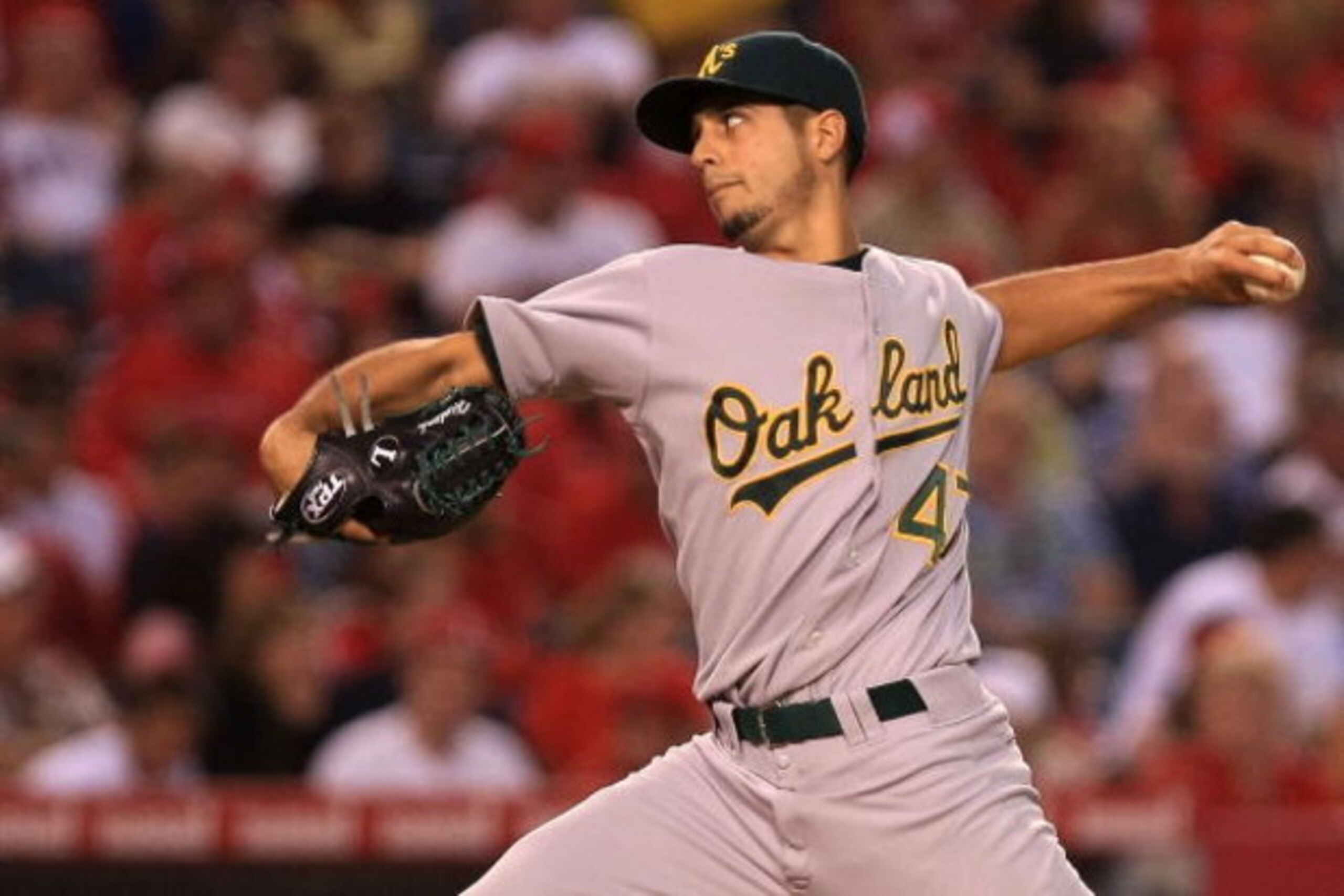 ANAHEIM, CA - AUGUST 27:  Gio Gonzalez #47 of the Oakland Athletics pitches against the Los Angeles Angels of Anaheim in the second inning during the game on August 27, 2008 at Angels Stadium in Anaheim, California.  The Athletics beat the Angels 6-5.  (P