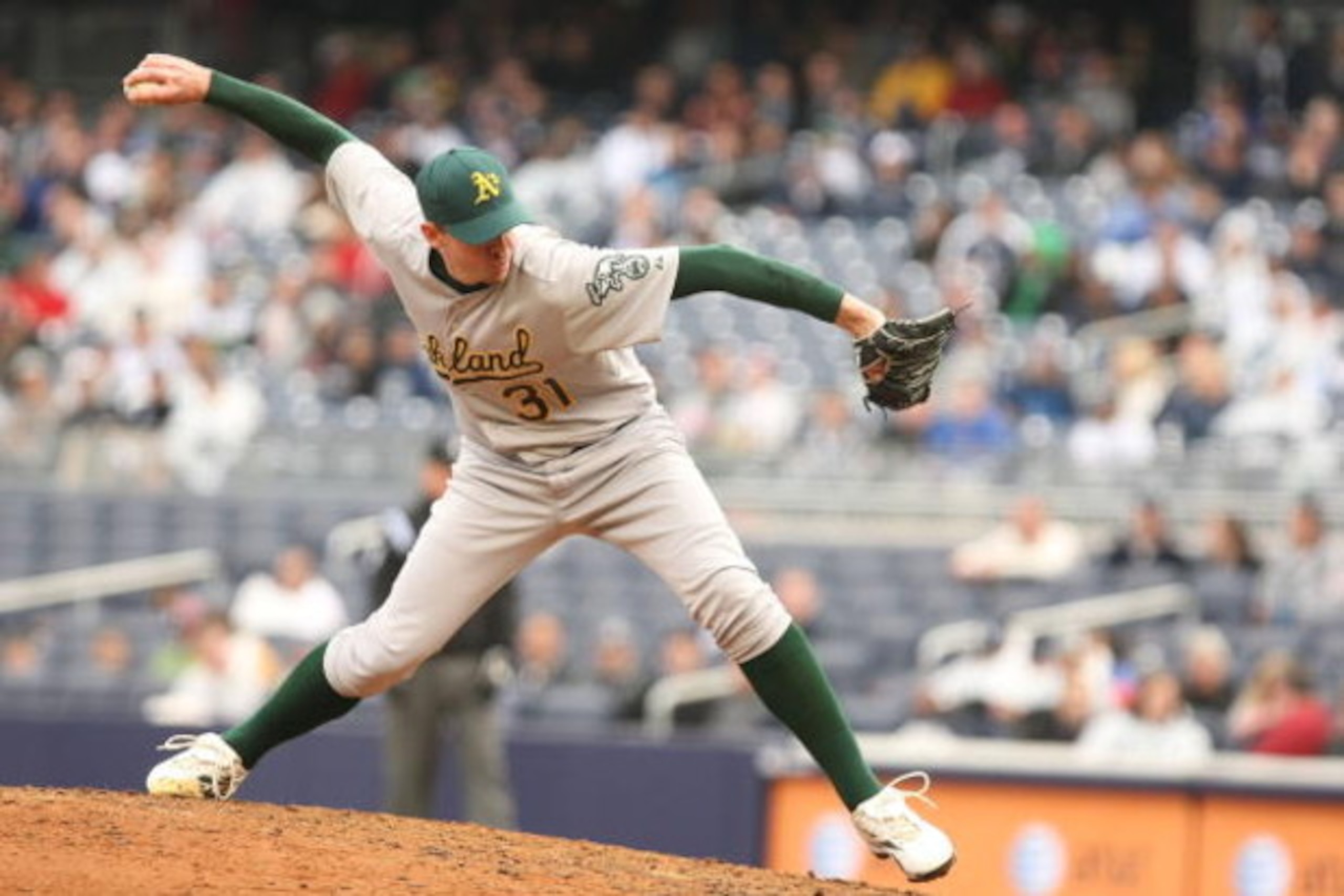 NEW YORK - APRIL 22:  Brad Ziegler #31  of The Oakland Athletics in action against The New York Yankees during their game on April 22, 2009 at Yankee Stadium in the Bronx Borough of New York.  (Photo by Al Bello/Getty Images)