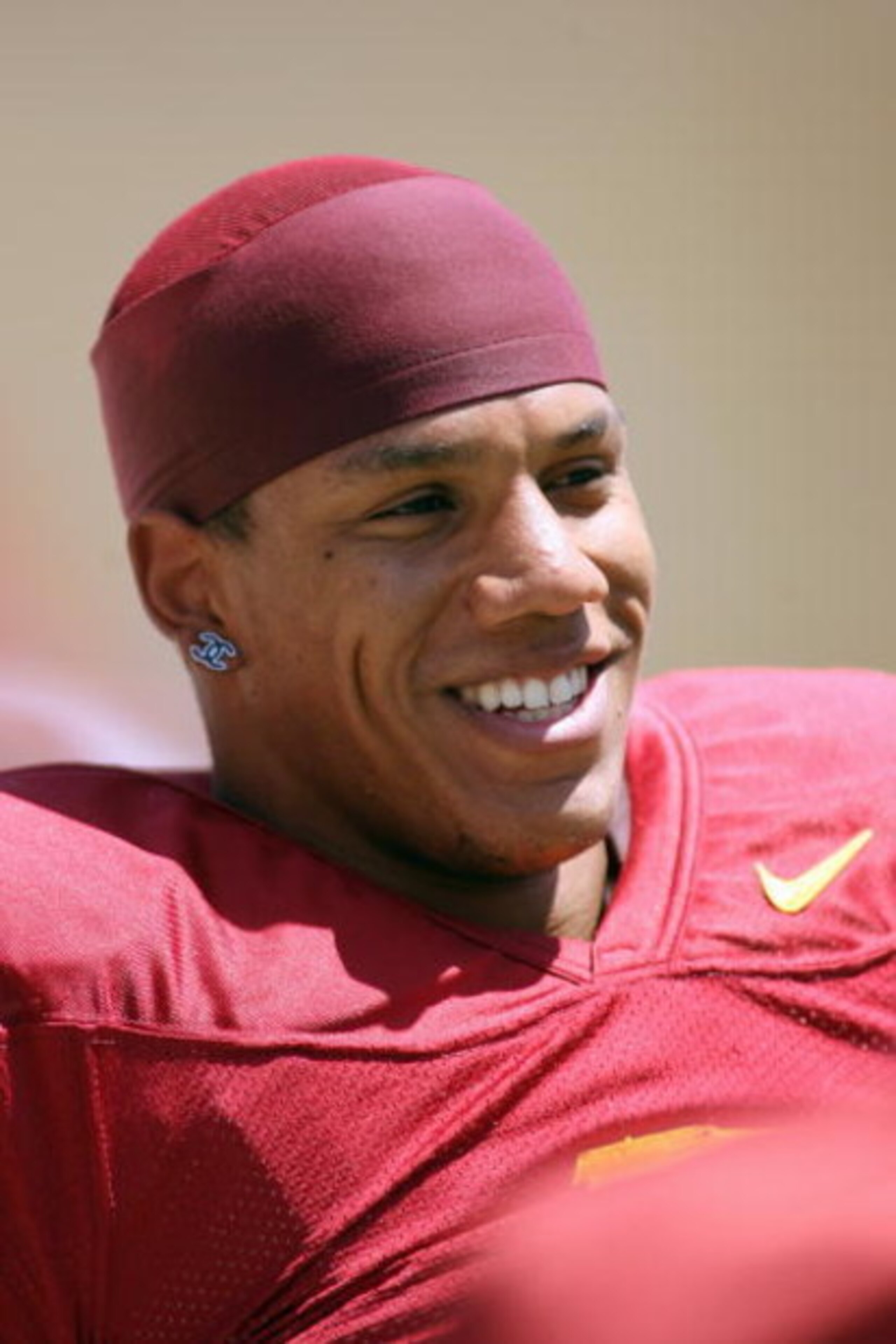 LOS ANGELES, CA - APRIL 25: Safety Taylor Mays #2 of the USC Trojans smiles on the sidelines during the spring game on April 25, 2009 at the Los Angeles Memorial Coliseum in Los Angeles, California.  The cardinal team won 16-10.  (Photo by Jeff Golden/Get