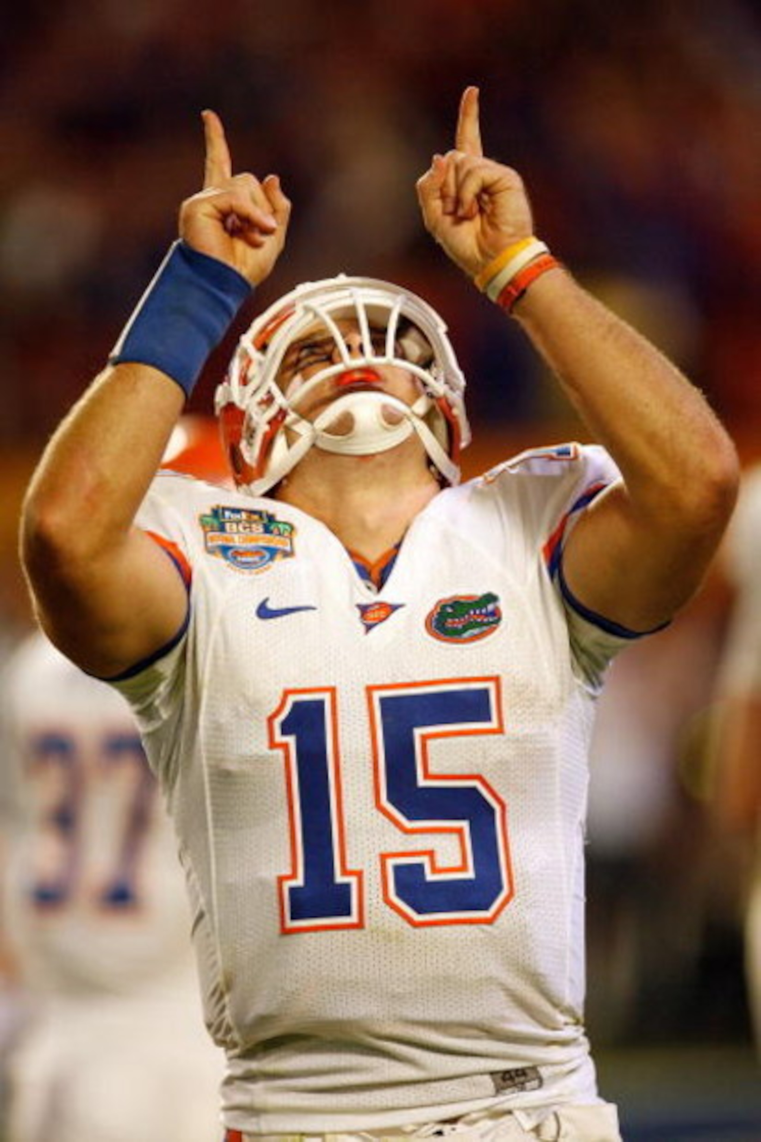 MIAMI - JANUARY 08:  Quarterback Tim Tebow #15 of the Florida Gators celebrates after a touchdown in the fourth quarter against the Oklahoma Sooners in the FedEx BCS National Championship Game at Dolphin Stadium on January 8, 2009 in Miami, Florida.  (Pho
