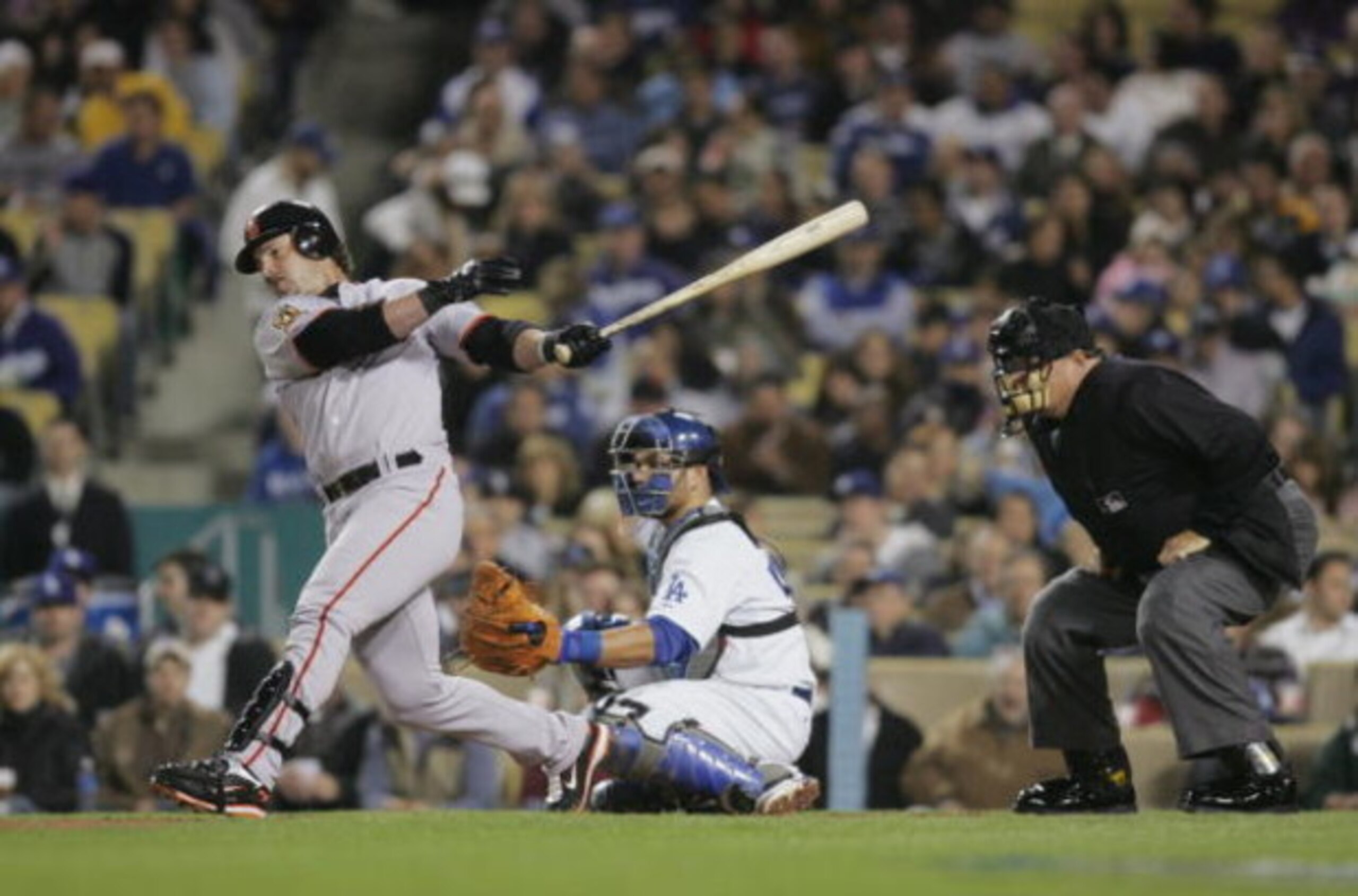 LOS ANGELES, CA - APRIL 01: Aaron Rowand #33 of the San Francisco Giants swings at a pitch during the game against of the Los Angeles Dodgers at Dodger Stadium on April 1, 2008 in Los Angeles, California. (Photo by Jeff Gross/Getty Images)