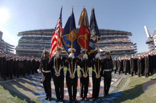 PHILADELPHIA - DECEMBER 3:  In this handout provided by the U.S. Navy, the U.S. Naval Academy Color Guard presents the colors during march-on ceremonies during the 106th playing of Army vs.Navy football game on December 3, 2005 held for the third consecut