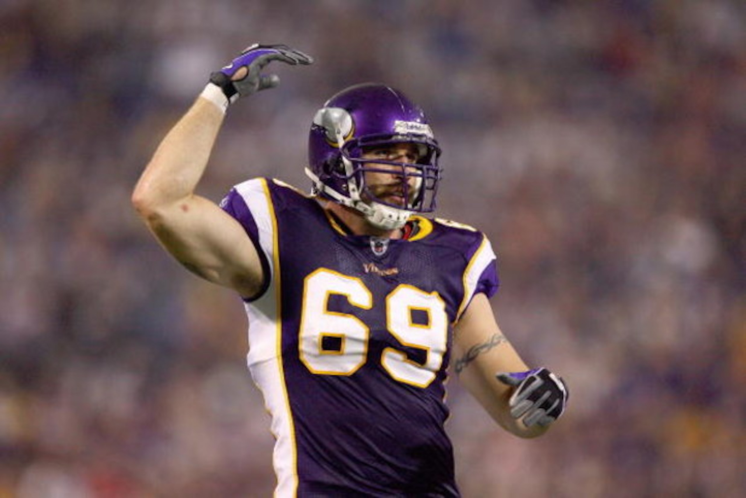 MINNEAPOLIS - SEPTEMBER 12:  Jared Allen #69 of the Minnesota Vikings celebrates on the field during the game against the Indianapolis Colts at the Metrodome on September 14, 2008 in Minneapolis, Minnesota. (Photo by: Jeff Gross/Getty Images)