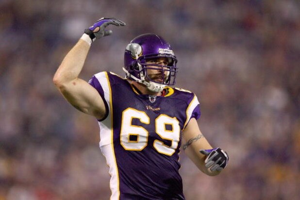MINNEAPOLIS - SEPTEMBER 12:  Jared Allen #69 of the Minnesota Vikings celebrates on the field during the game against the Indianapolis Colts at the Metrodome on September 14, 2008 in Minneapolis, Minnesota. (Photo by: Jeff Gross/Getty Images)