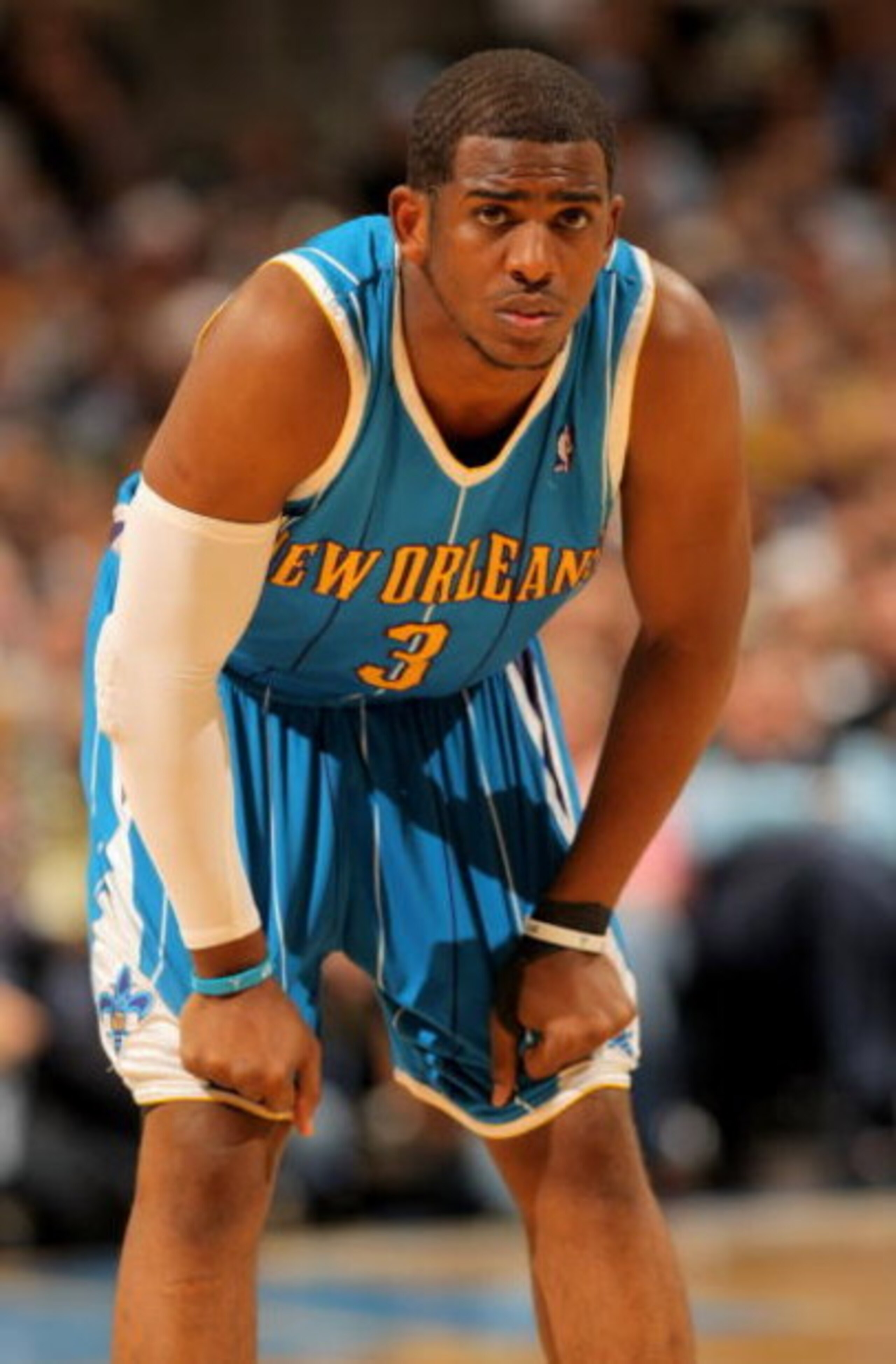DENVER - APRIL 29:  Chris Paul #3 of the New Orleans Hornets awaits action against the Denver Nuggets in Game Five of the Western Conference Quarterfinals during the 2009 NBA Playoffs at Pepsi Center on April 29, 2009 in Denver, Colorado. The Nuggets defe
