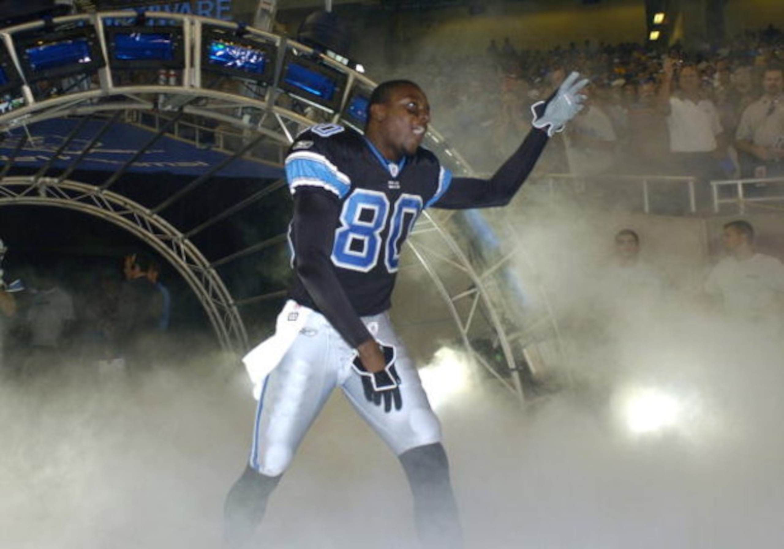 Detroit Lions wide receiver Charles Rogers  enters the field before play   against  the St. Louis Rams  in a pre-season game on August 29, 2005 at Ford Field, in Detroit, Michigan.  (Photo by Al Messerschmidt/Getty Images)