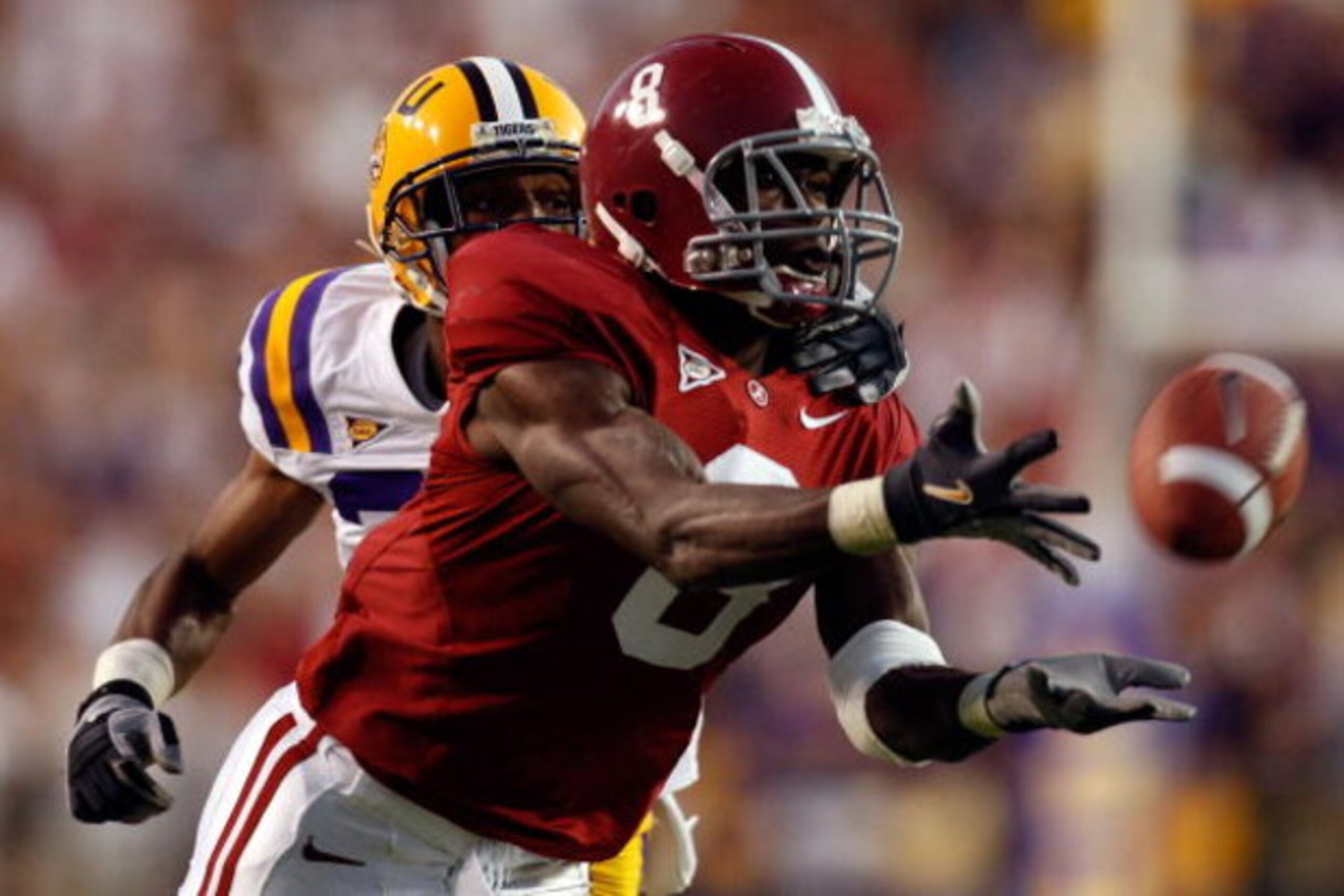 BATON ROUGE, LA - NOVEMBER 08:  Julio Jones #8 of the Alabama Crimson Tide has a pass broken up by Chris Hawkins #29 of the Louisiana State University Tigers on November 11, 2008 at Tiger Stadium in Baton Rouge, Louisiana. The Tide defeated the Tigers 27-