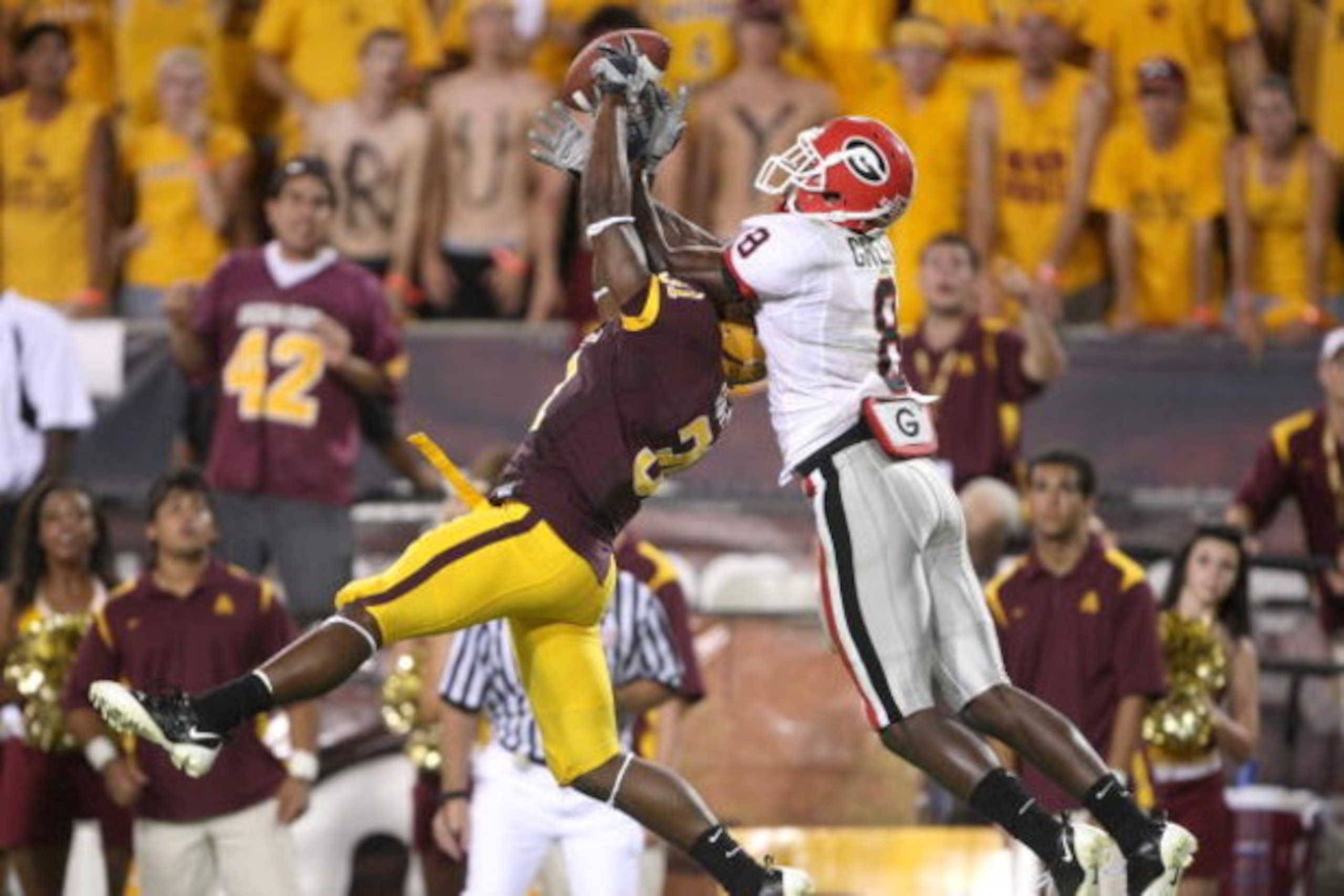 TEMPE, AZ - SEPTEMBER 20:  Cornerback Pierre Singfield #31 of the Arizona State Sun Devils breaks up a pass in the end zone intended for flander A.J. Green #8 of the Georgia Bulldogs  on September 20, 2008 at Sun Devil Stadium in Tempe, Arizona.  Georgia 