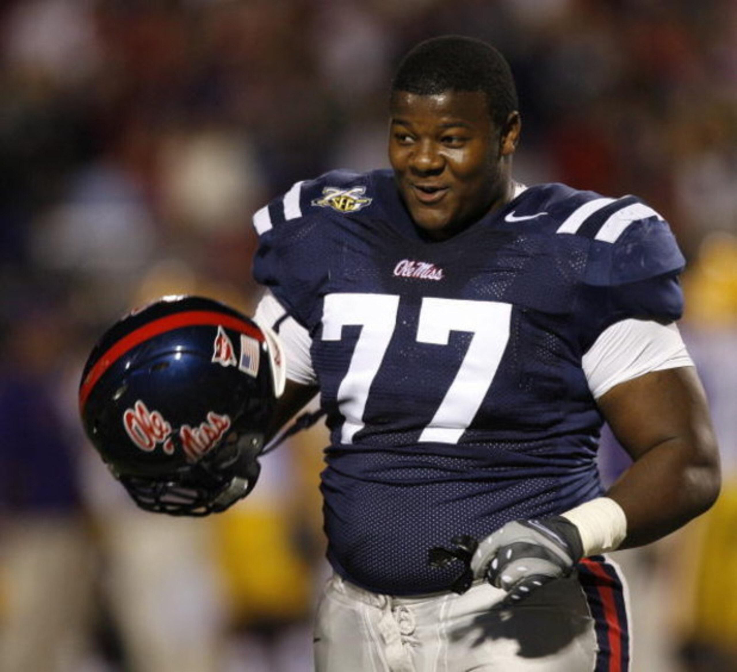 OXFORD, MS - NOVEMBER 17: John Jerry #77 of the Mississippi Rebels smiles during a game against the LSU Tigers on November 17, 2007 at Vaught-Hemingway Stadium/Hollingsworth Field in Oxford, Mississippi. LSU beat Mississippi 41-24. (Photo by Joe Murphy/Ge