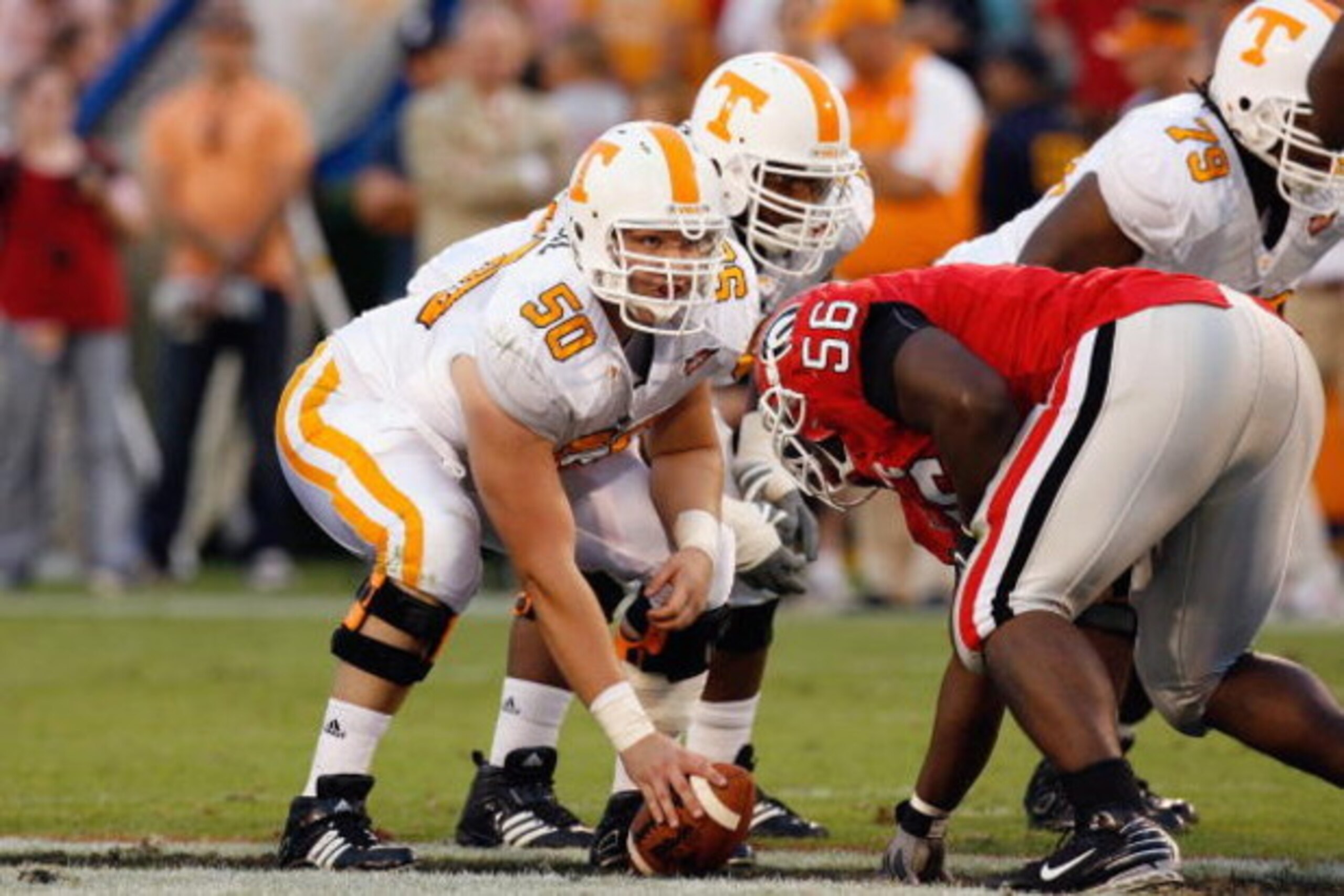 ATHENS, GA - OCTOBER 11:   Josh McNeil #50 of the Tennessee Volunteers gets ready at the line of scrimmage during the game against the Georgia Bulldogs at Sanford Stadium on October 11, 2008 in Athens, Georgia.  (Photo by Kevin C. Cox/Getty Images)
