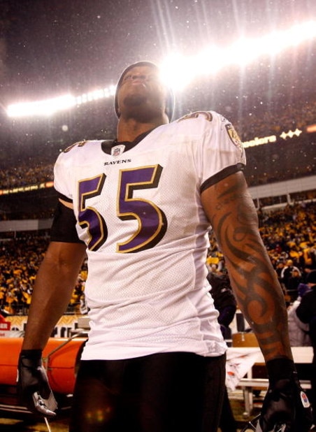 PITTSBURGH - JANUARY 18:  Terrell Suggs #55 of the Baltimore Ravens looks on dejected after their 23-14 loss against the Pittsburgh Steelers during the AFC Championship game on January 18, 2009 at Heinz Field in Pittsburgh, Pennsylvania.  (Photo by Street
