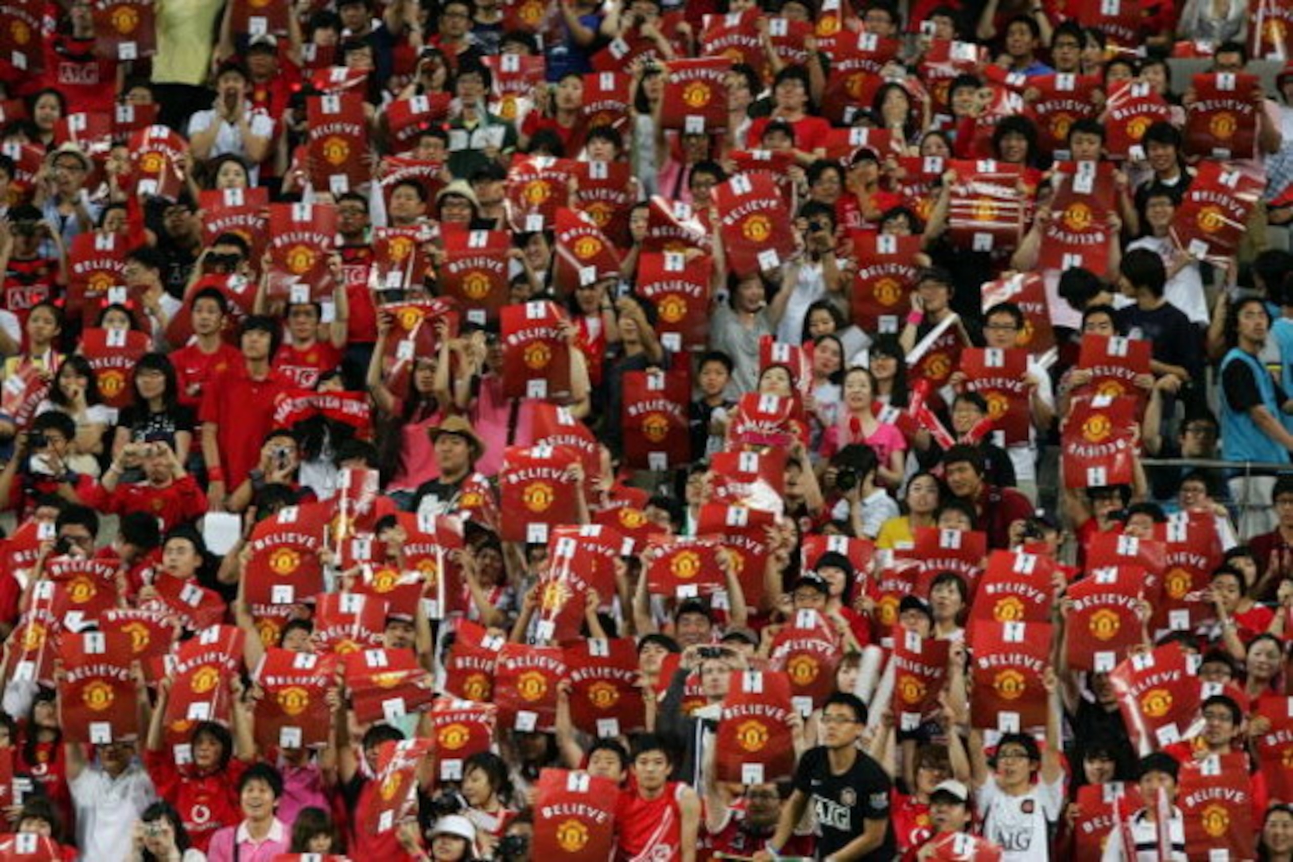 SEOUL, SOUTH KOREA - JULY 24:  Soccer fans attend during the pre-season friendly match between FC Seoul and Manchester United at Seoul worldcup stadium on July 24, 2009 in Seoul, South Korea.  (Photo by Chung Sung-Jun/Getty Images)