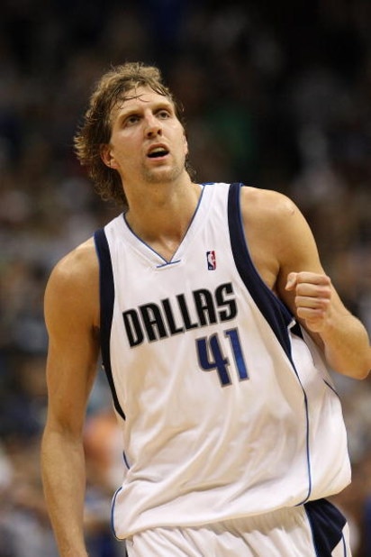 DALLAS - MAY 11:  Forward Dirk Nowitzki #41 of the Dallas Mavericks reacts after making a shot against the Denver Nuggets in Game Four of the Western Conference Semifinals during the 2009 NBA Playoffs at American Airlines Center on May 11, 2009 in Dallas,