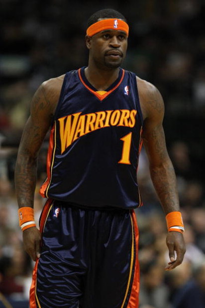 DALLAS - JANUARY 28:  Stephen Jackson #1 of the Golden State Warriors during play against the Dallas Mavericks on January 28, 2008 at American Airlines Center in Dallas, Texas.  NOTE TO USER: User expressly acknowledges and agrees that, by downloading and