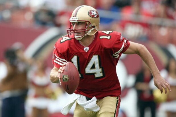 SAN FRANCISCO - OCTOBER 5: Quarterback  J.T. O'Sullivan #14 of the San Francisco 49ers runs with the ball during the game against the New England Patriots on October 5, 2008 at Candlestick Park in San Francisco, California. (Photo by Jed Jacobsohn/Getty I
