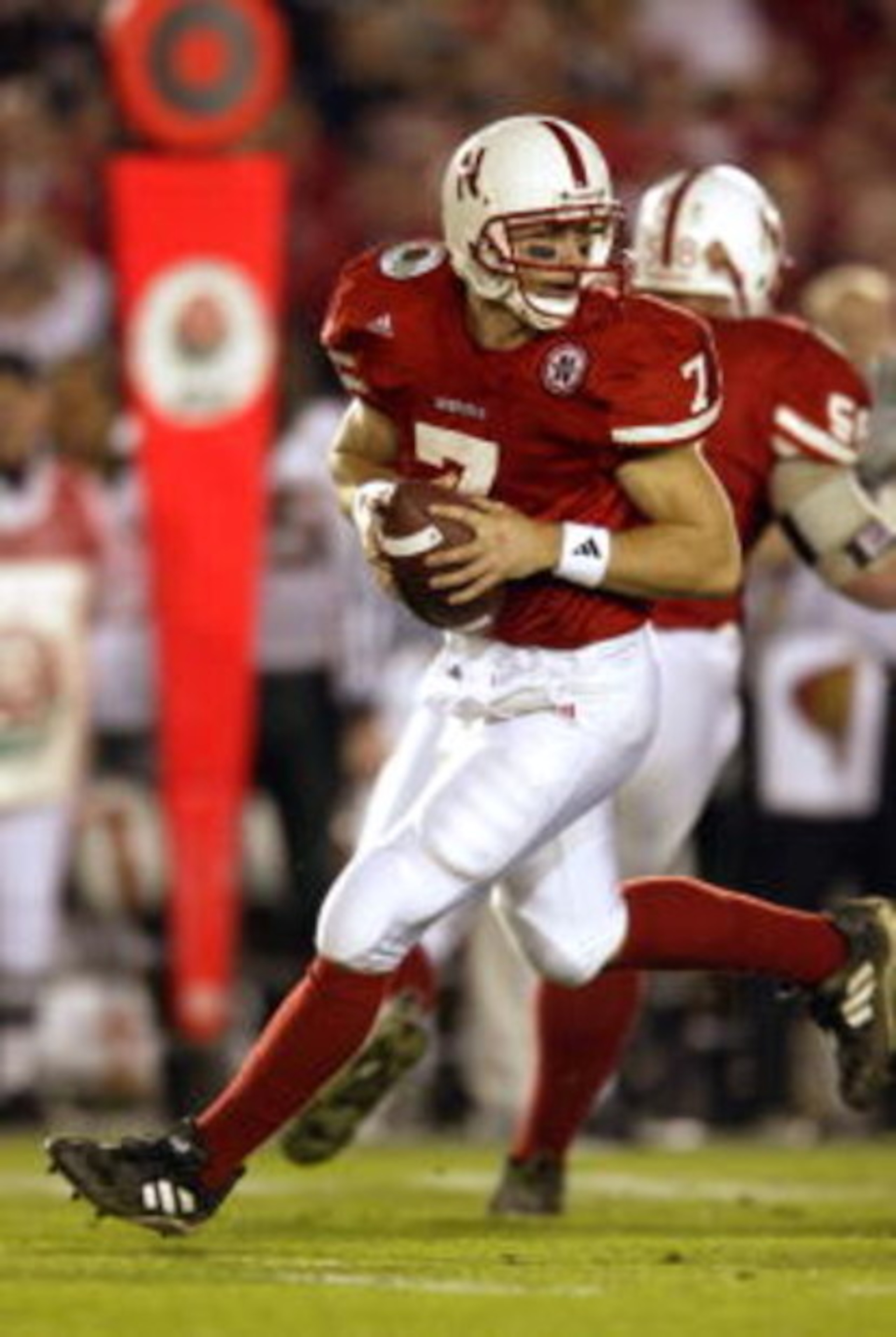 3 Jan 2002:  Quarterback Eric Crouch #7 of  Nebraska drops back to pass against the defense of Miami during the Rose Bowl National Championship game at the Rose Bowl in Pasadena, California.  Miami won the game 37-14, winning the BCS and the National Cham