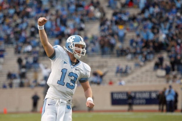 DURHAM, NC - NOVEMBER 29:  Quarterback T.J. Yates #13 of the North Carolina Tar Heels celebrates on the field during the game against the Duke Blue Devils at Wallace Wade Stadium on November 29, 2008 in Durham, North Carolina. (Photo by Kevin C. Cox/Getty
