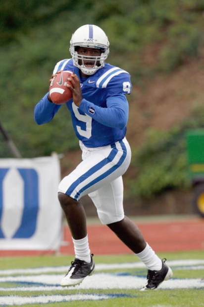 DURHAM, NC - OCTOBER 18:  Quarterback Thaddeus Lewis #9 of the Duke Blue Devils moves to pass the ball during the game against the Miami Hurricanes at Wallace Wade Stadium on October 18, 2008 in Durham, North Carolina.  (Photo by Kevin C. Cox/Getty Images