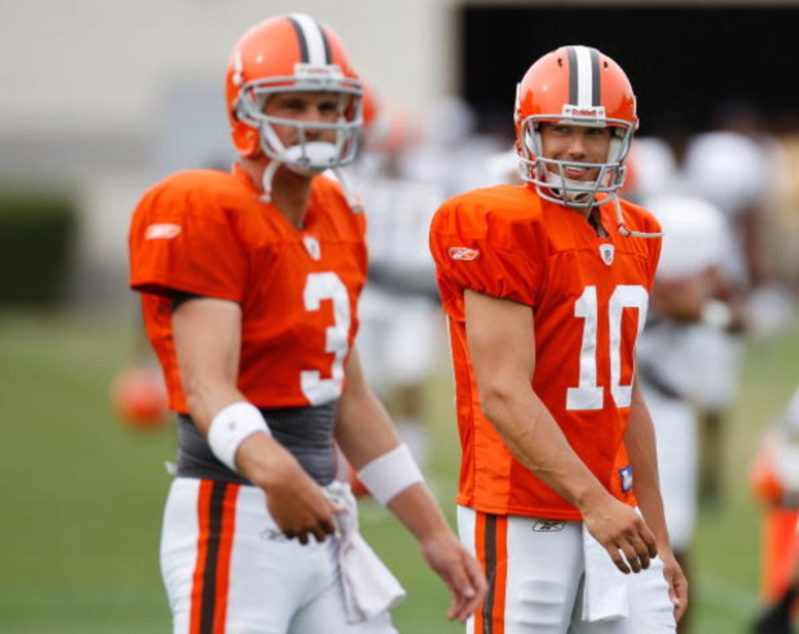 BEREA, OH - AUGUST 07:  Brady Quinn #10 of the Cleveland Browns talks with Derek Anderson #3 during training camp at the Cleveland Browns Training and Administrative Complex on August 7, 2009 in Berea, Ohio.  (Photo by Gregory Shamus/Getty Images)