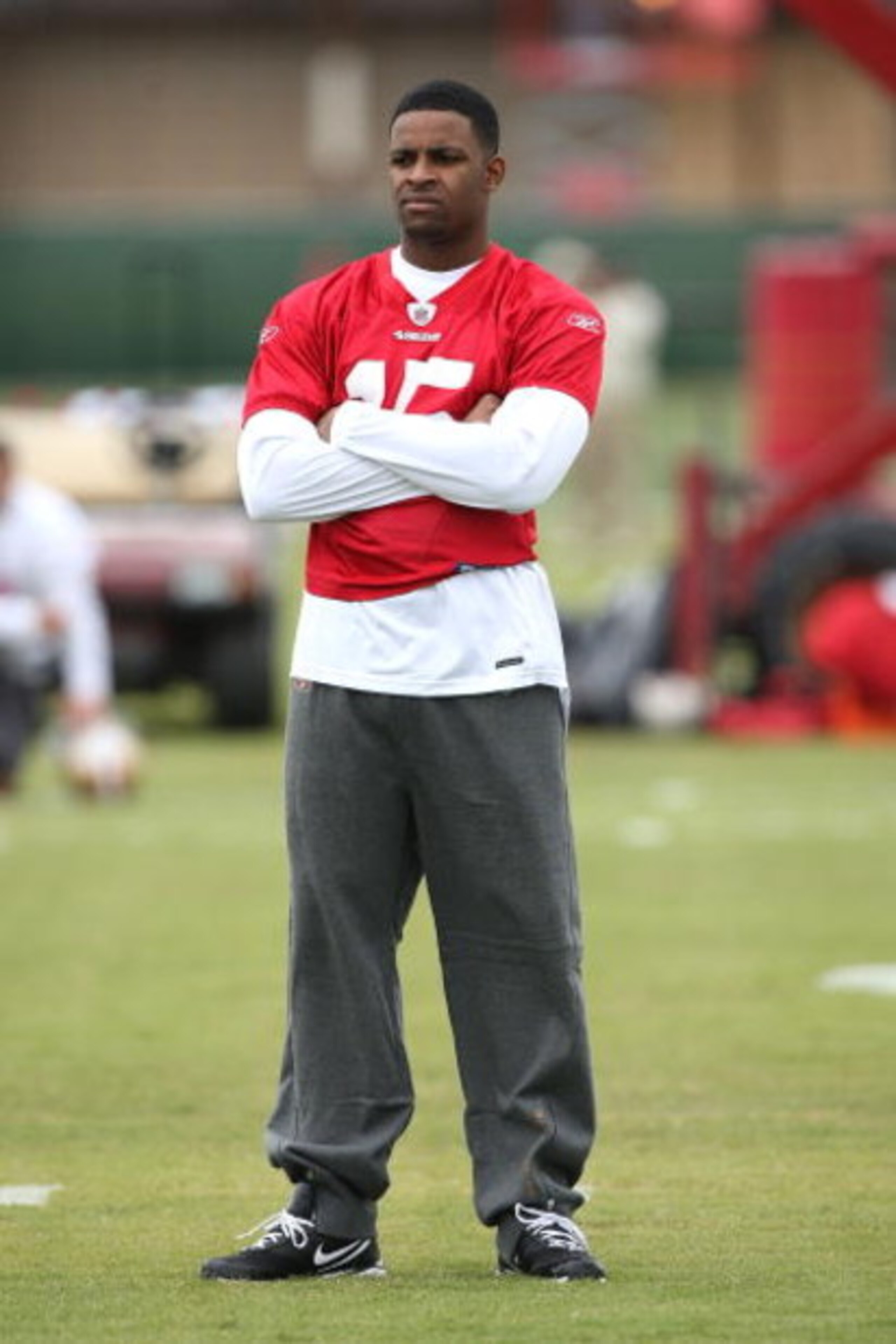 SANTA CLARA, CA - MAY 01:  Michael Crabtree #15 of the San Francisco 49ers looks on at practice during the 49ers Minicamp at their training facilities on May 1, 2009 in Santa Clara, California. Crabtree was the 49ers first round draft pick.  (Photo by Jed
